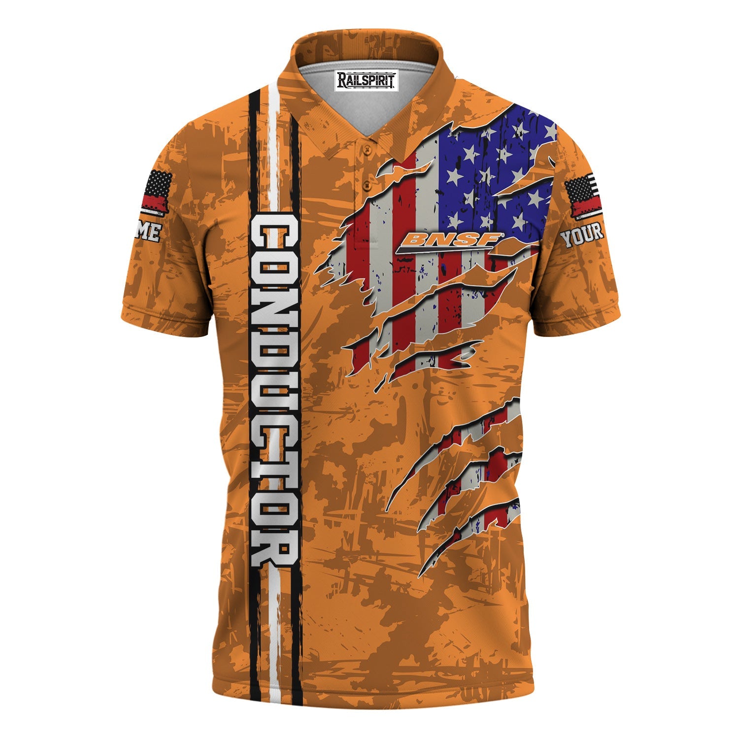 Railspirit Personalized BNSF Railway Polo Shirt USA Flag Claw Art with Custom Job Train Shirt