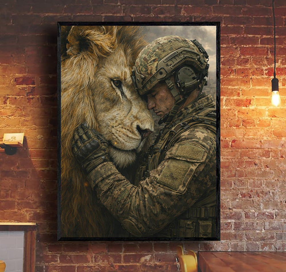Soldier and Lion Wall Art, Military Courage Poster, Warrior Strength Artwork, Patriotic Home Decor, Gift for Men Veteran