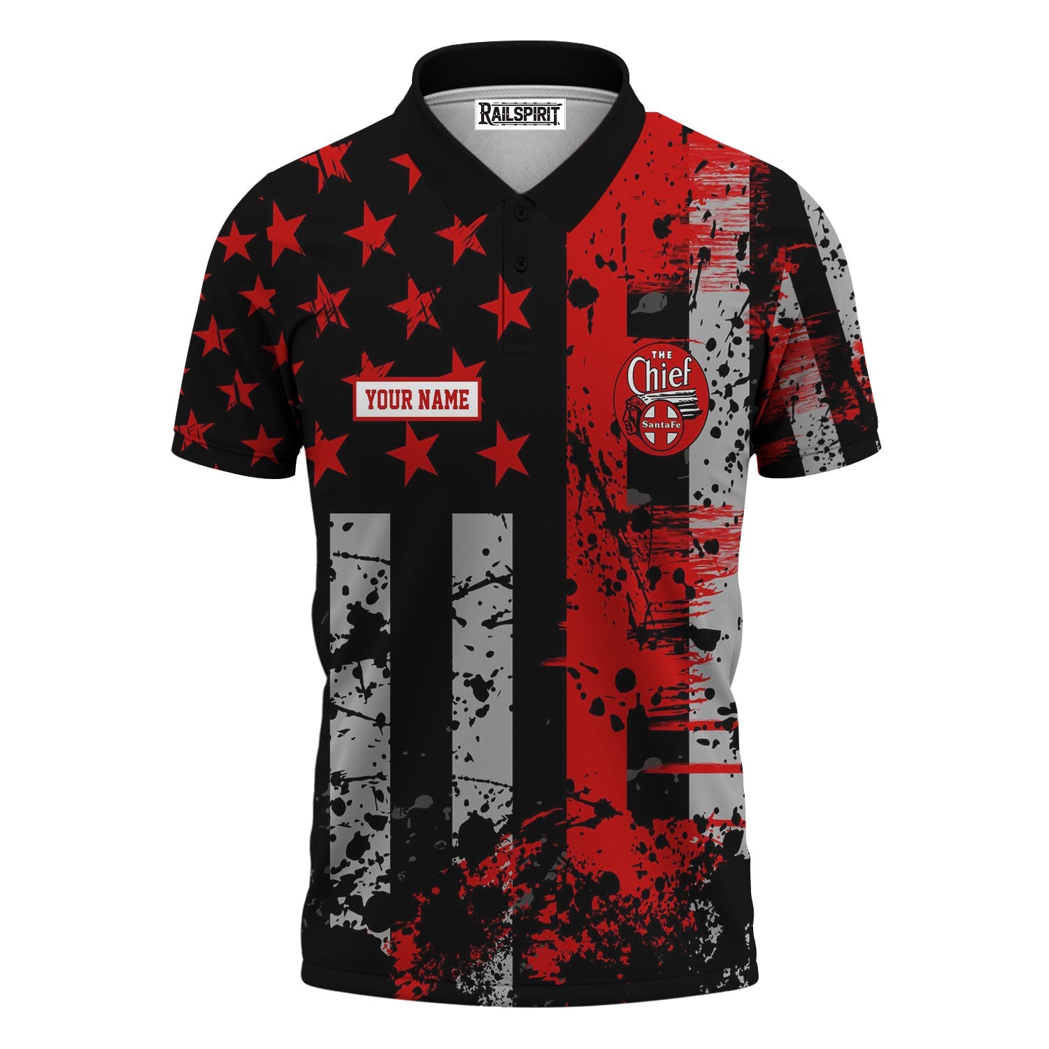 Railspirit Personalized The Chief Santa Fe Railroad Polo Shirt Artistic Paint American Flag Style Train Shirt