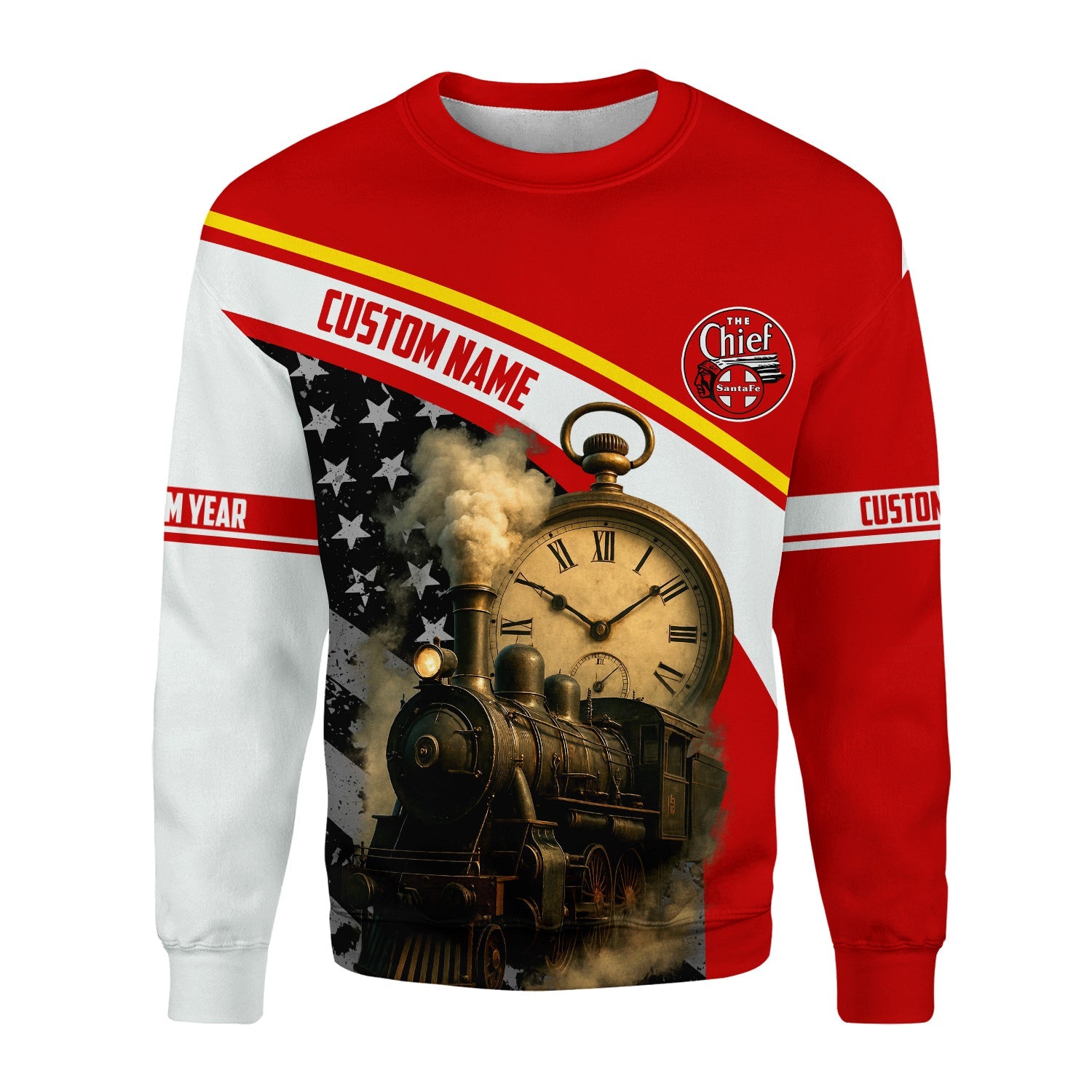 Railspirit Personalized The Chief Santa Fe Railroad Sweatshirt Classic Steam Engine With Retro Pocket Watch Shirt All Over Print
