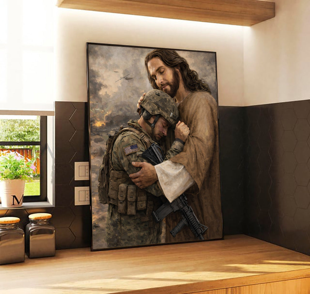 Jesus Embracing Soldier Wall Art, Christian Military Canvas Print, Faith Protection Artwork for Veterans, Spiritual Home Decor Gift