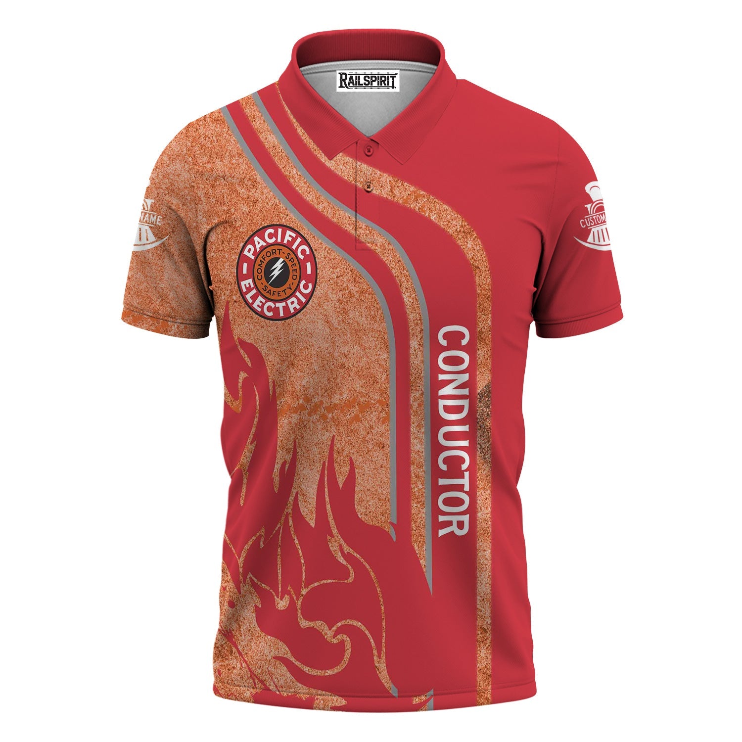 Railspirit Personalized Pacific Electric Railroad Polo Shirt Flame Design with Custom Job Position Train Shirt