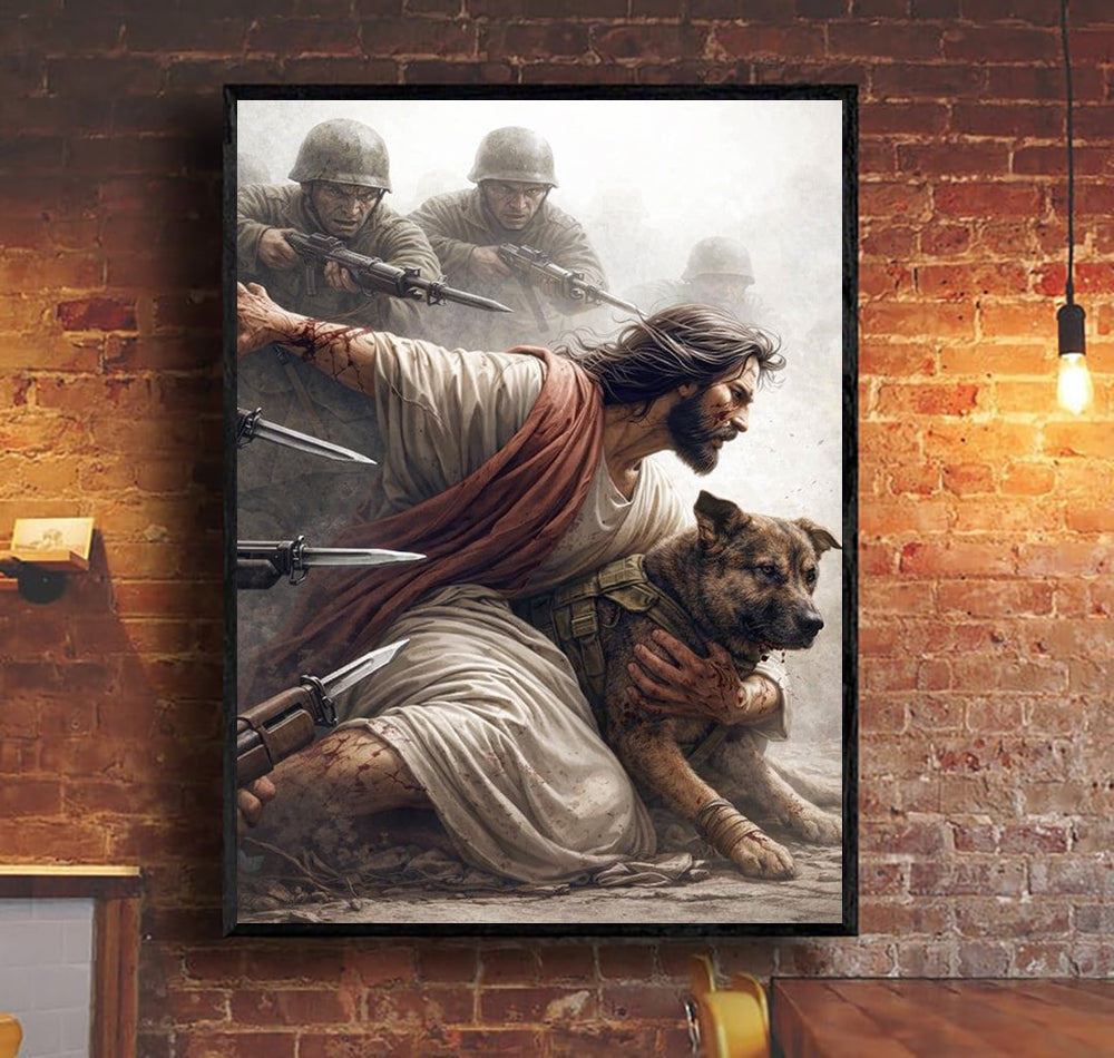 Jesus Protecting Dog Wall Art Print, Christian Religious Canvas, Biblical Warrior Artwork, Faith Home Decor Gift for Dog Lovers