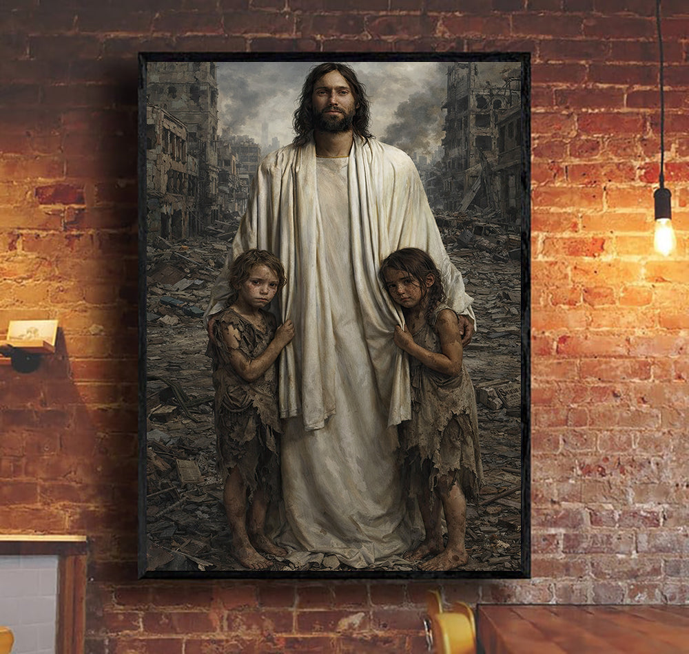Jesus Christ Wall Art with Children, Christian Religious Canvas Print, Faith Hope and Love Artwork, Spiritual Home Decor