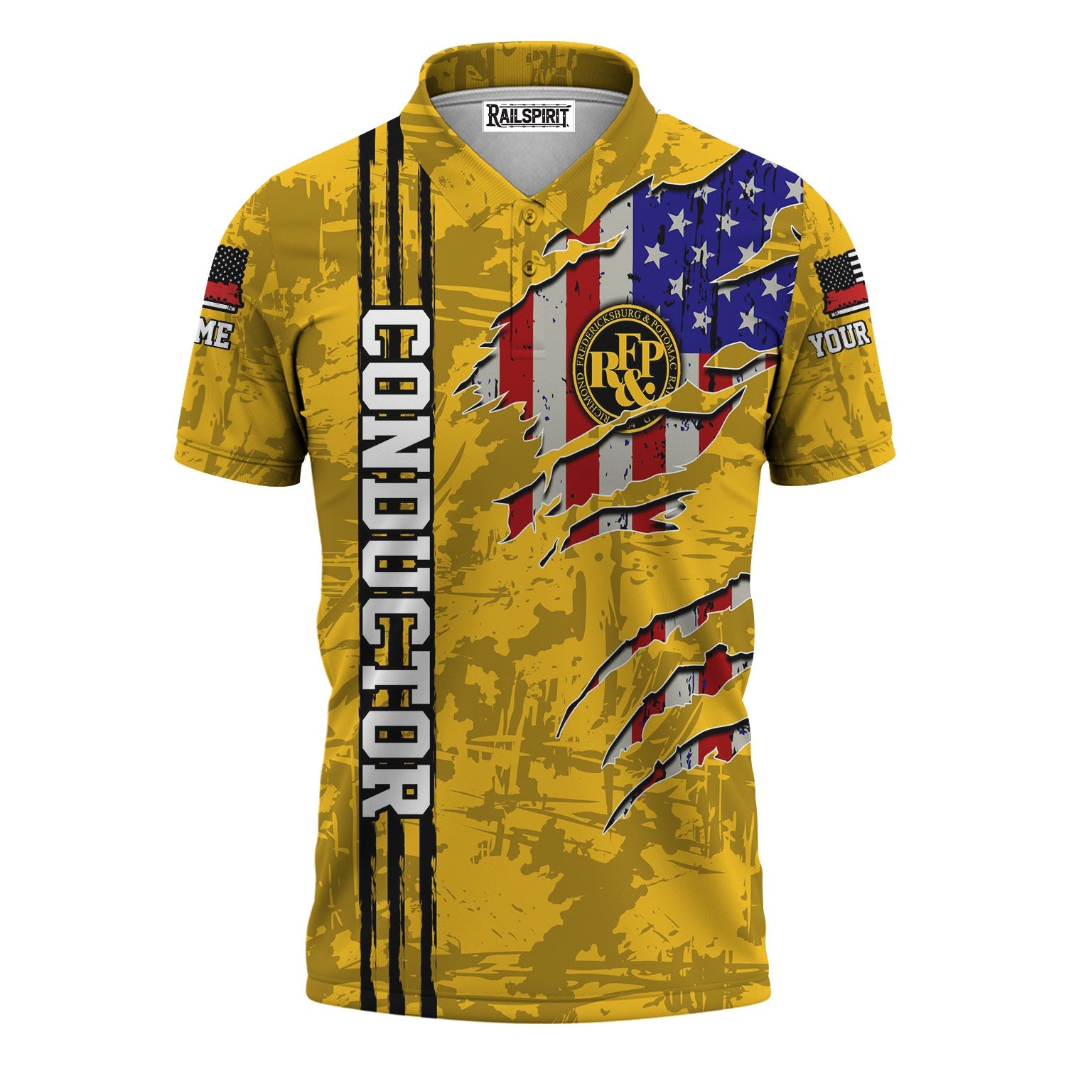 Railspirit Personalized Richmond, Fredericksburg And Potomac Railroad Polo Shirt USA Flag Claw Art with Custom Job Train Shirt