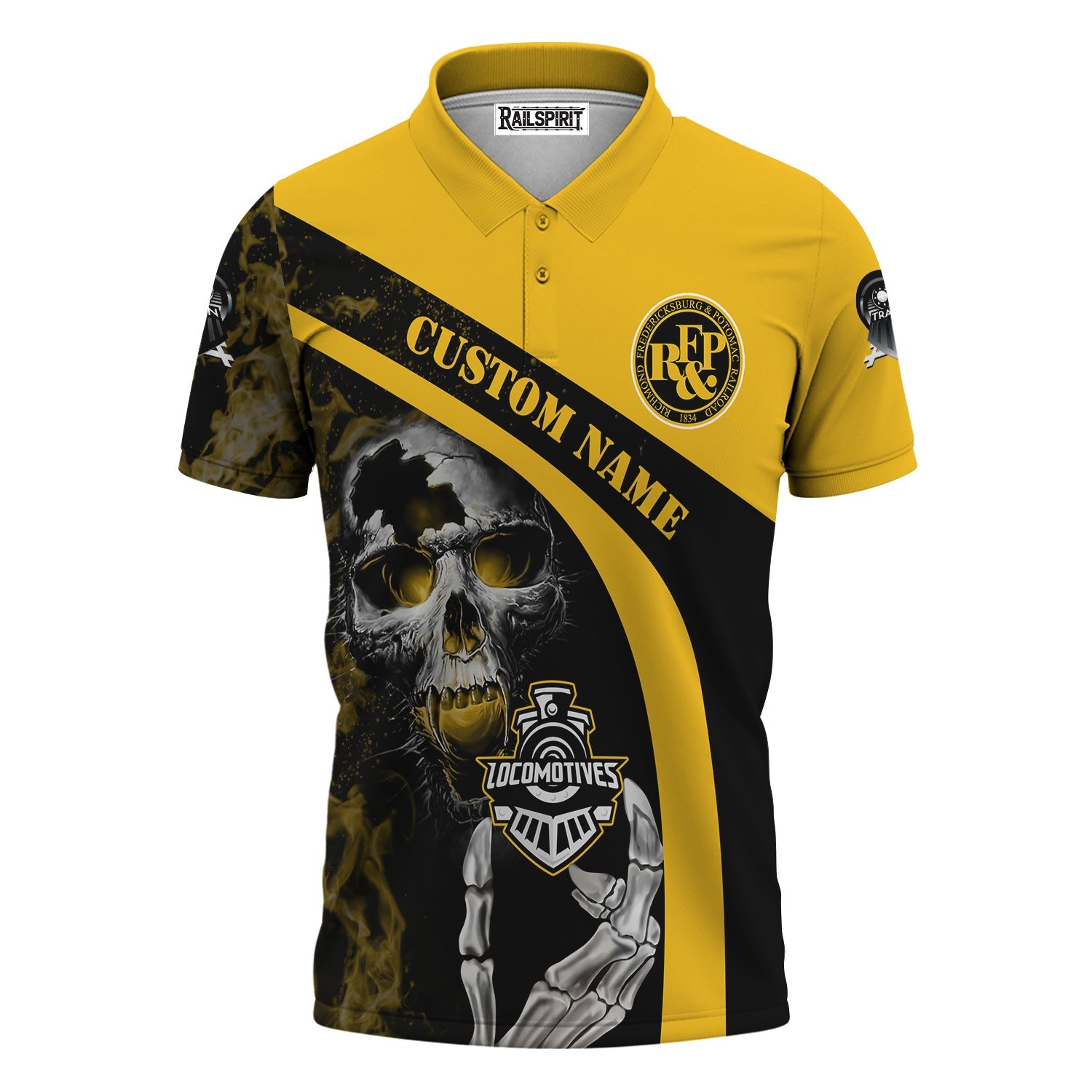 Railspirit Personalized Richmond, Fredericksburg And Potomac Railroad Polo Shirt Flame Skull Design Train Shirt for Locomotive Fans