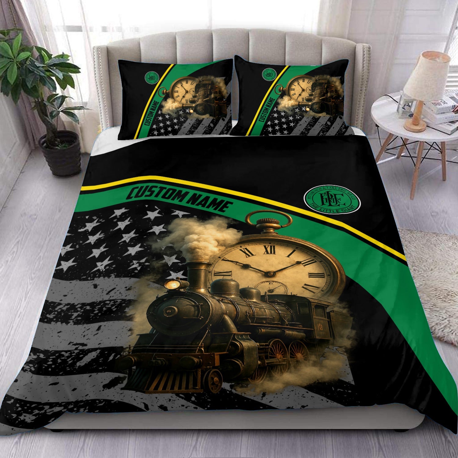 Railspirit Personalized Pittsburgh And Lake Erie Railroad Bedding Set Classic Steam Engine With Retro Pocket Watch Bedding Set All Over Print