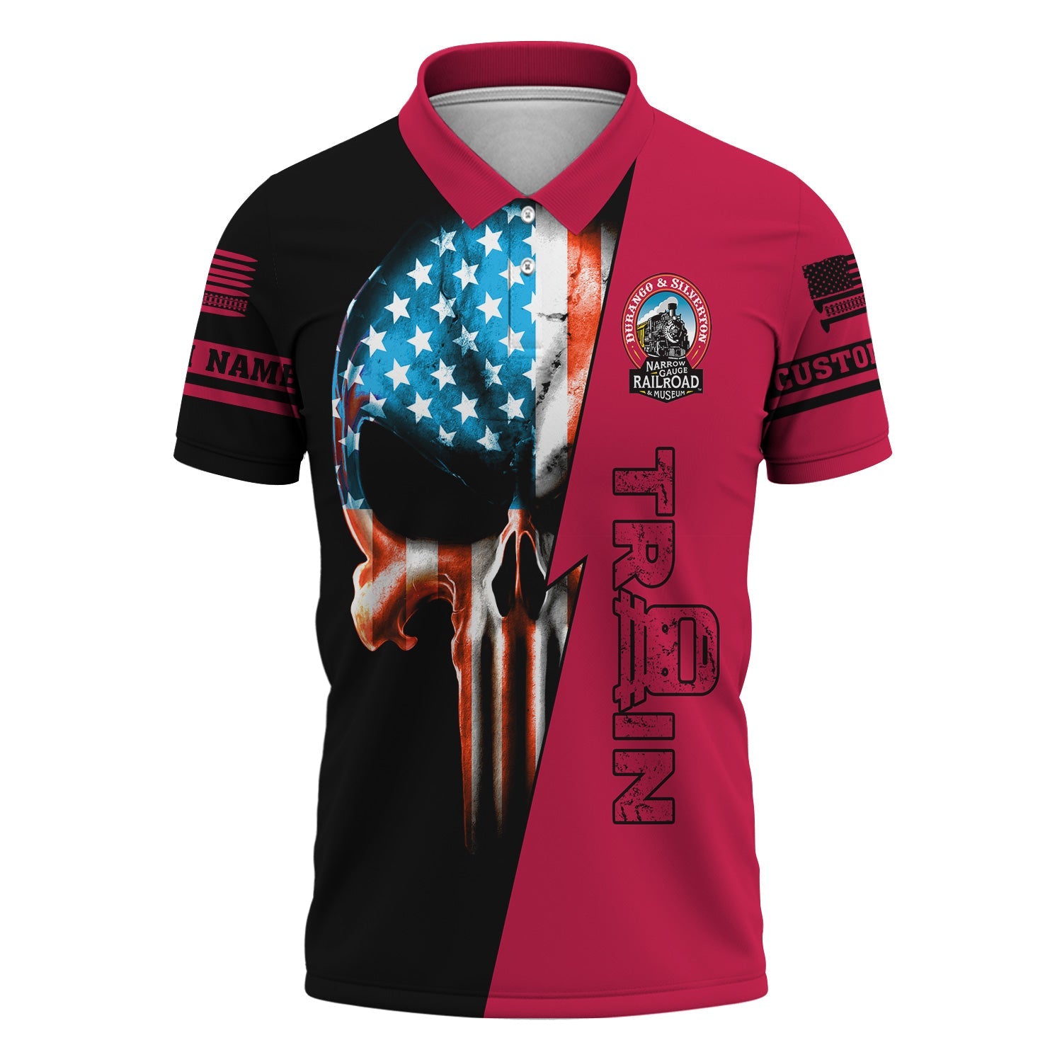 Railspirit Personalized Durango And Silverton Narrow Gauge Railroad Polo Shirt Train Skull American Flag Shirt All Over Print