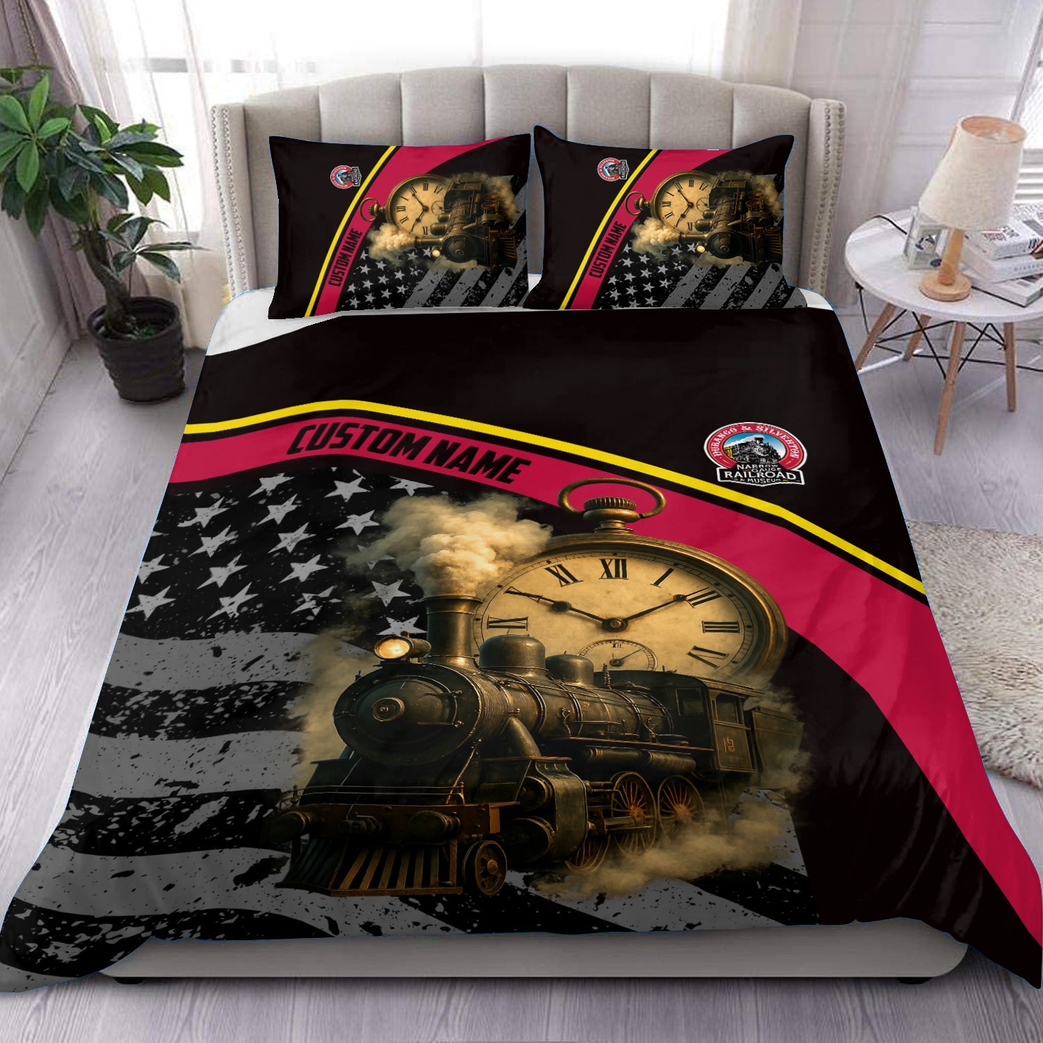 Railspirit Personalized Durango And Silverton Narrow Gauge Railroad Bedding Set Classic Steam Engine With Retro Pocket Watch Bedding Set