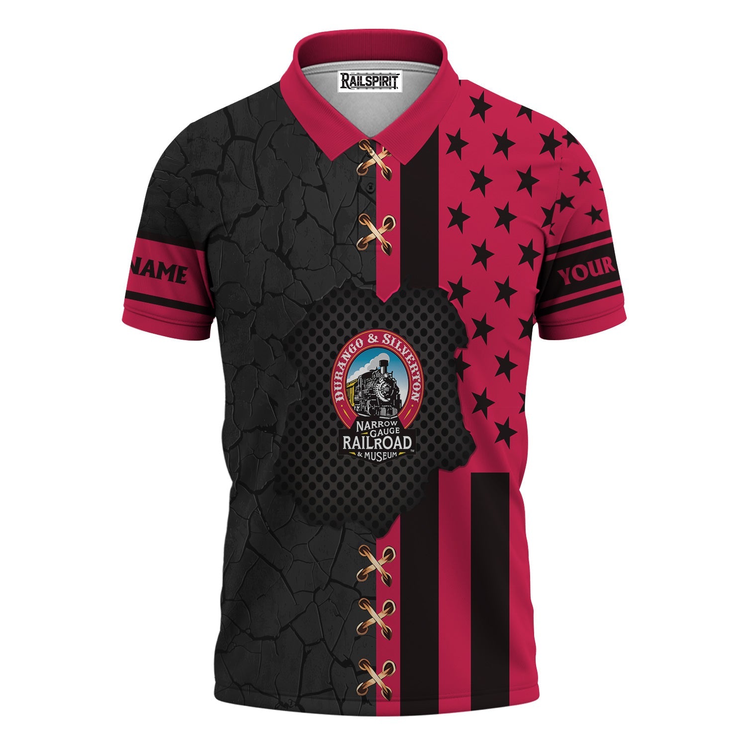 Railspirit Personalized Durango And Silverton Narrow Gauge Railroad Polo Shirt American Flag with Crack Effect Train Shirt