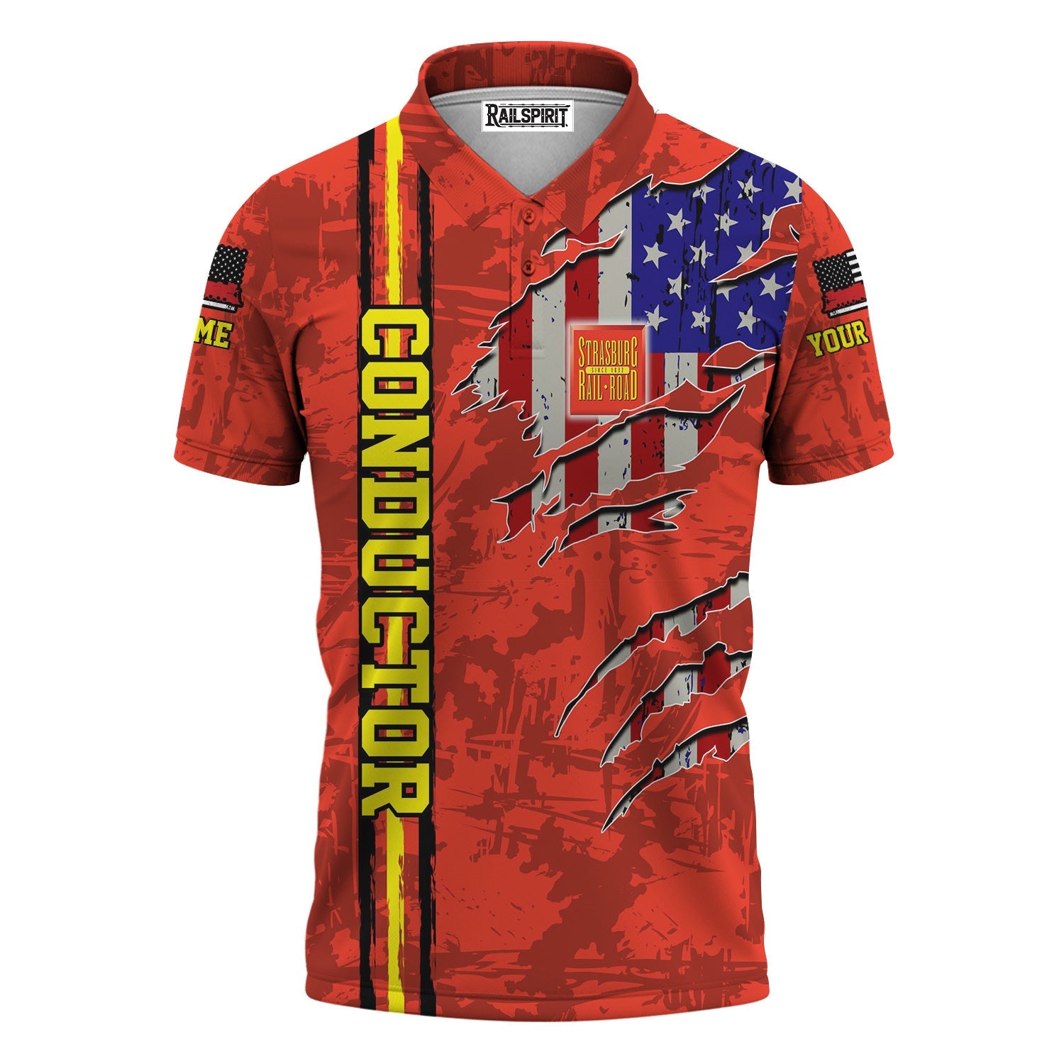 Railspirit Personalized Strasburg Railroad Polo Shirt USA Flag Claw Art with Custom Job Train Shirt