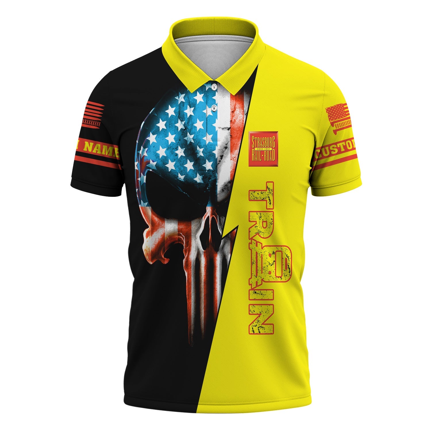 Railspirit Personalized Strasburg Railroad Polo Shirt Train Skull American Flag Shirt All Over Print