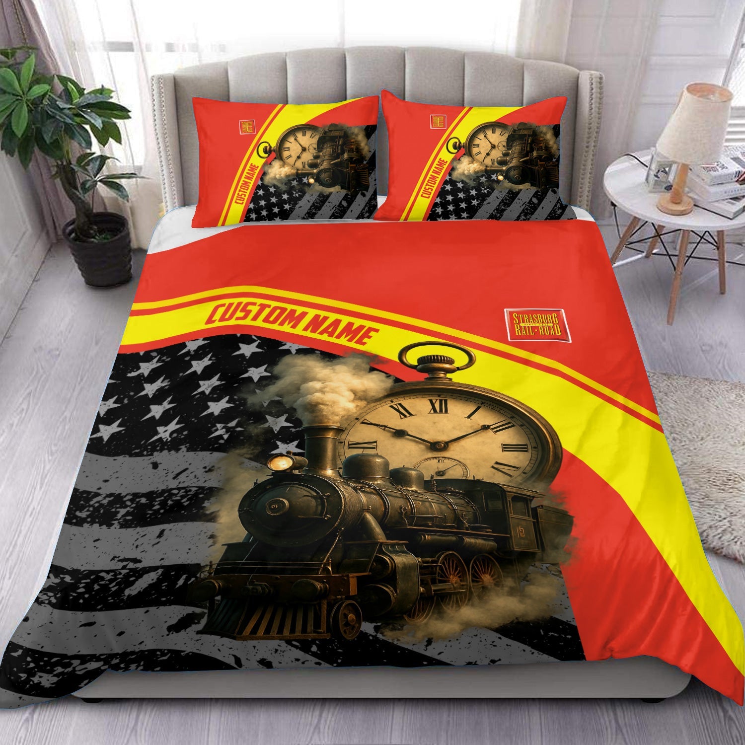 Railspirit Personalized Strasburg Railroad Bedding Set Classic Steam Engine With Retro Pocket Watch Bedding Set All Over Print
