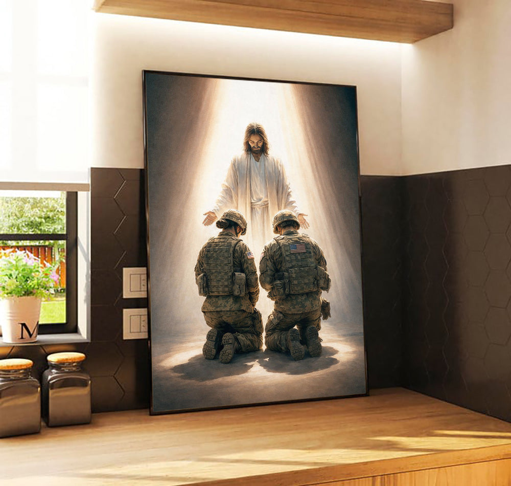 Jesus With Soldiers Wall Art Canvas Print, Christian Military Decor, Faith Based Canvas For Veteran, Patriotic Gift For Family Home Decor
