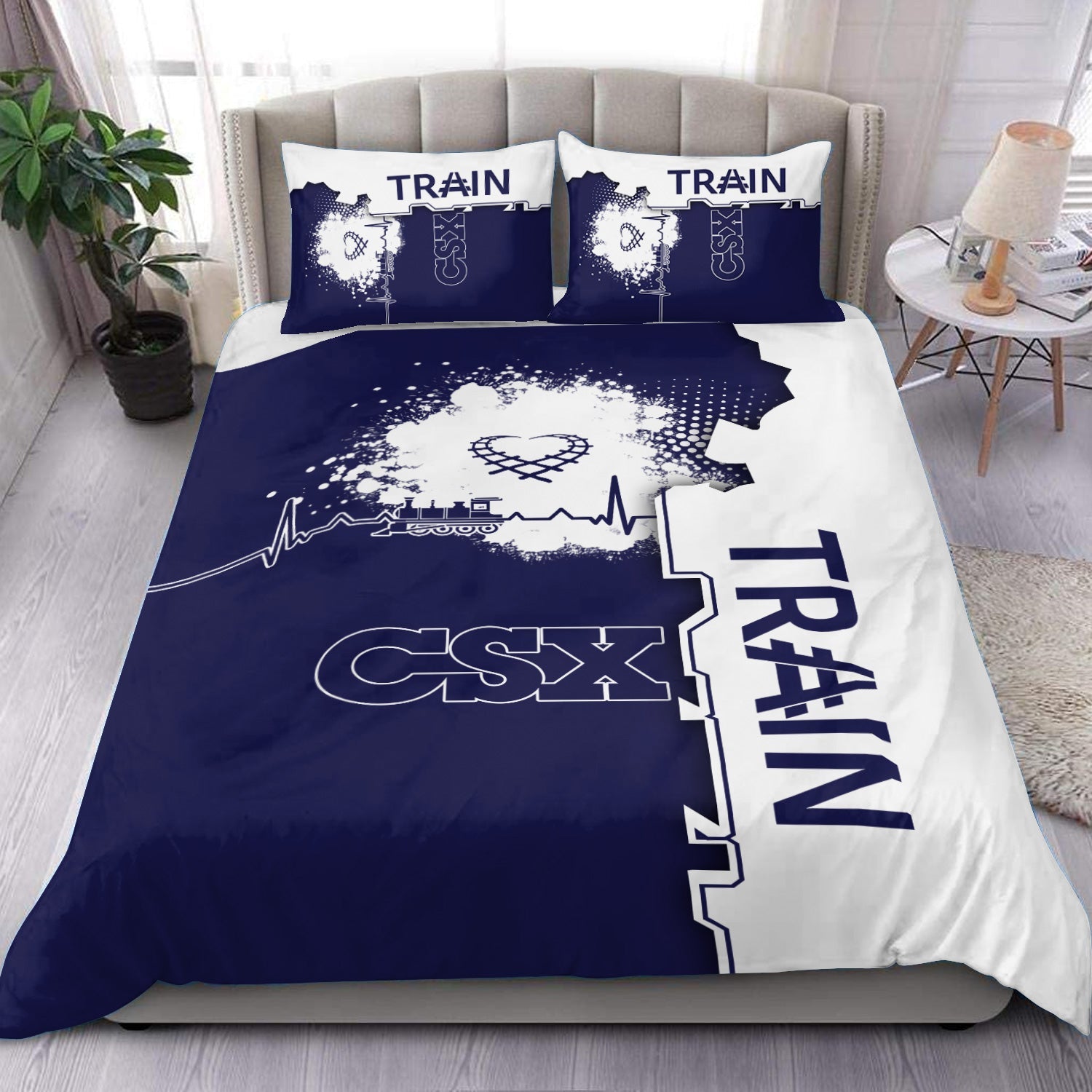 Railspirit CSX Transportation Railroad Bedding Set Engine Heartbeat and Track Love Style Bedding Set Gift Idea For Train Lovers