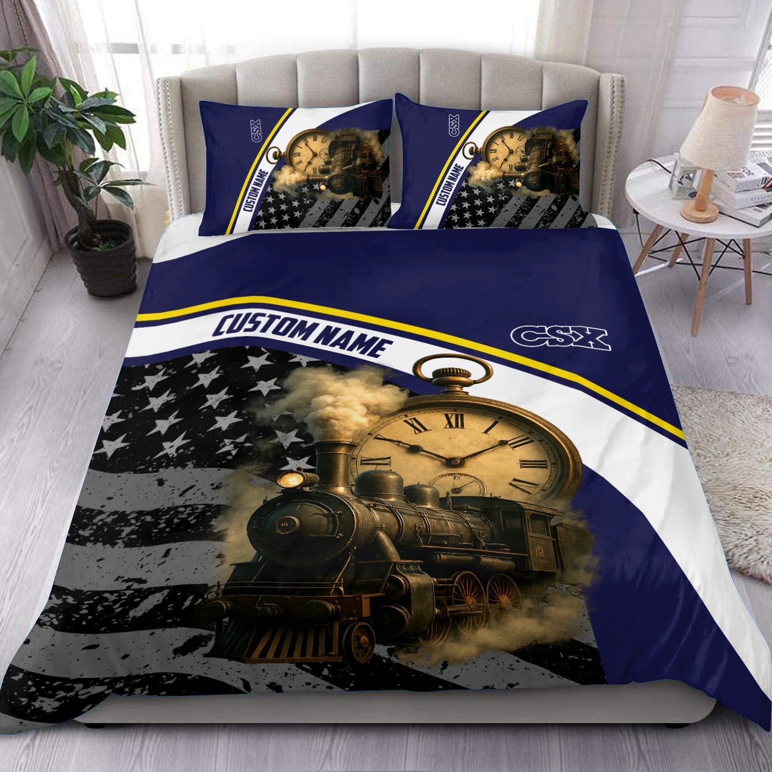 Railspirit Personalized CSX Transportation Railroad Bedding Set Classic Steam Engine With Retro Pocket Watch Bedding Set All Over Print