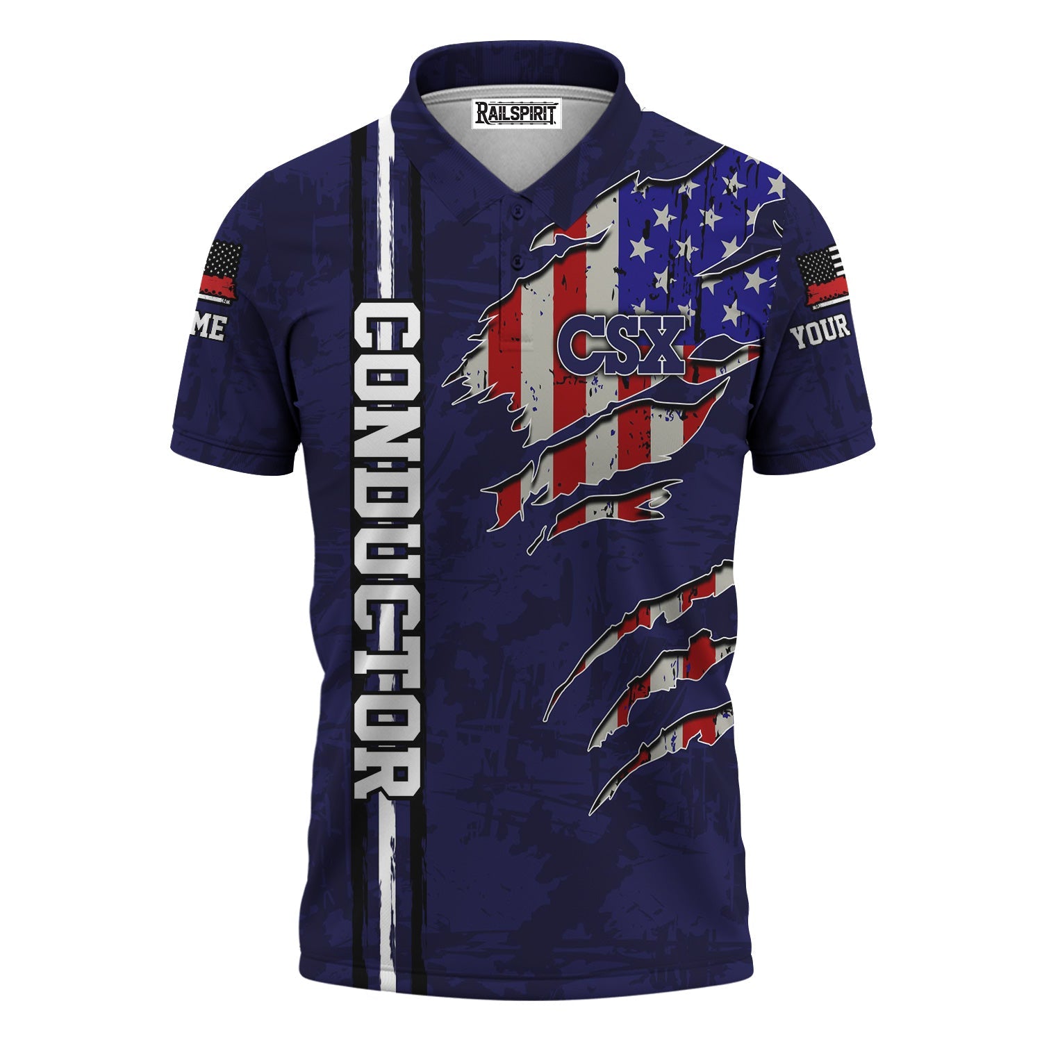 Railspirit Personalized CSX Transportation Railroad Polo Shirt USA Flag Claw Art with Custom Job Train Shirt