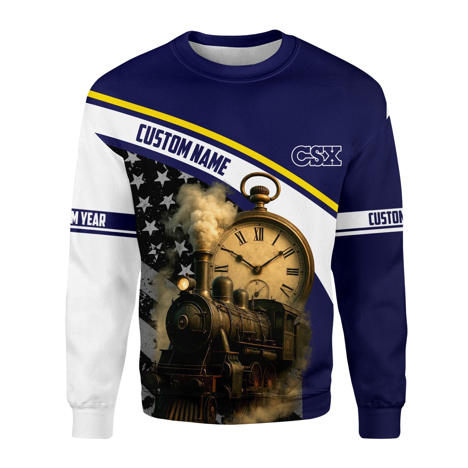 Railspirit Personalized CSX Transportation Railroad Sweatshirt Classic Steam Engine With Retro Pocket Watch Shirt All Over Print