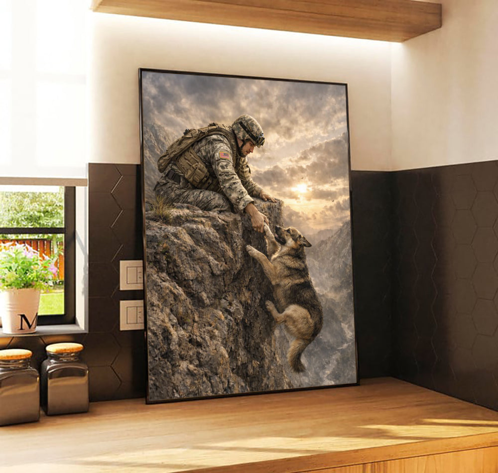 Soldier and Dog Rescue Canvas Wall Art, Military Dog Wall Art, Veteran Patriotic Canvas, Soldier and German Shepherd Poster, Gift for Veteran