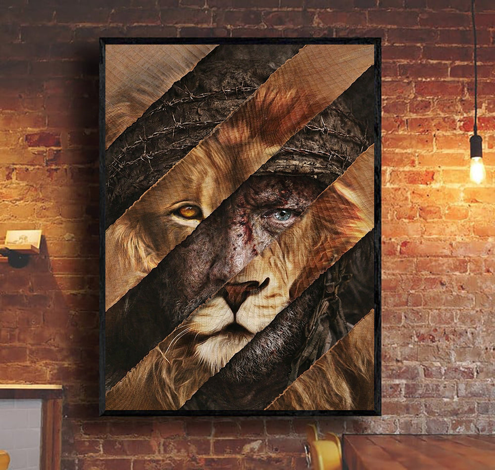 Lion Warrior Canvas Wall Art, Split Face Lion and Man Portrait Print, Masculine Rustic Decor, King of Judah Christian Gift Artwork