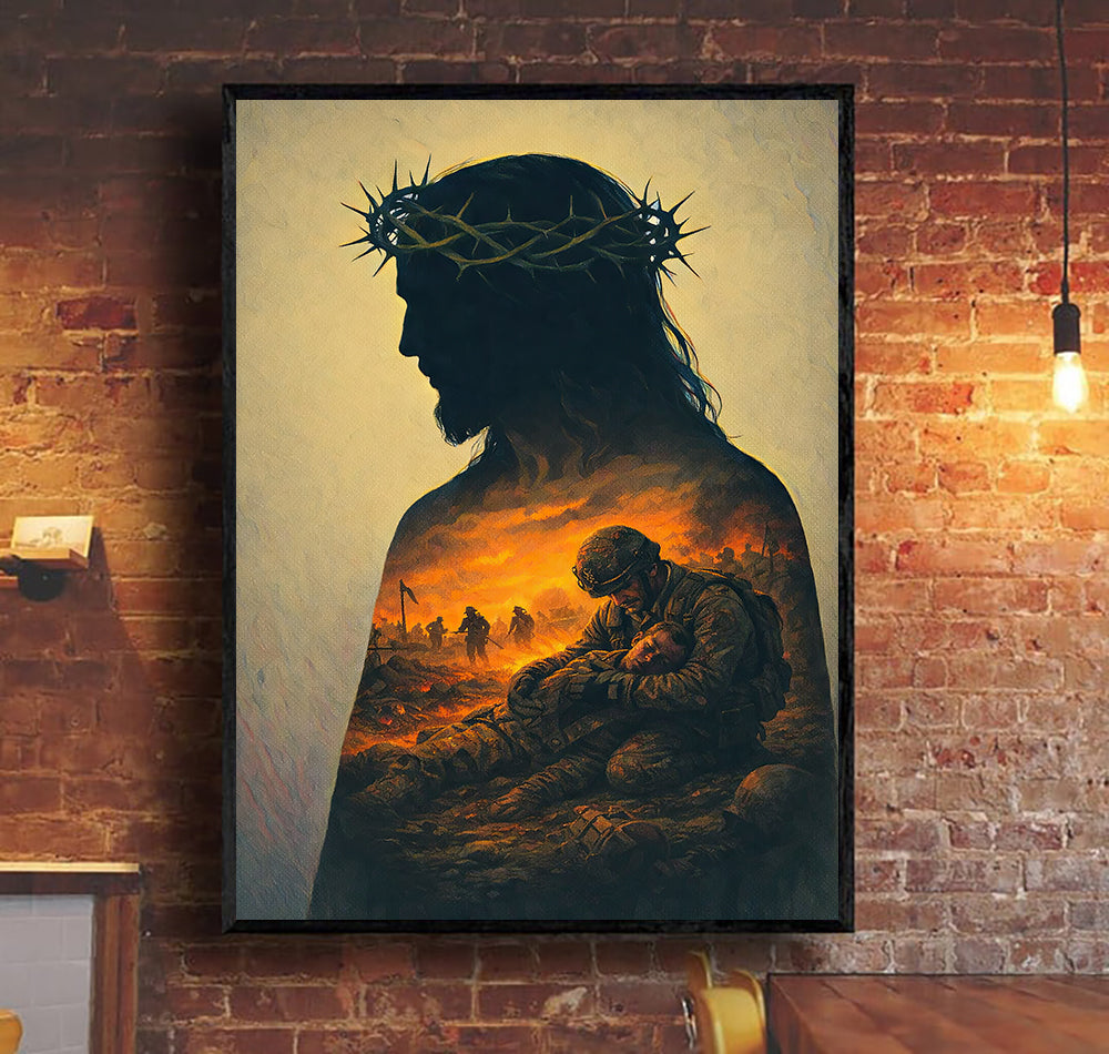 Jesus Silhouette Wall Art With Crown of Thorns Soldier Sacrifice Christian Faith Canvas Print Religious Home Decor