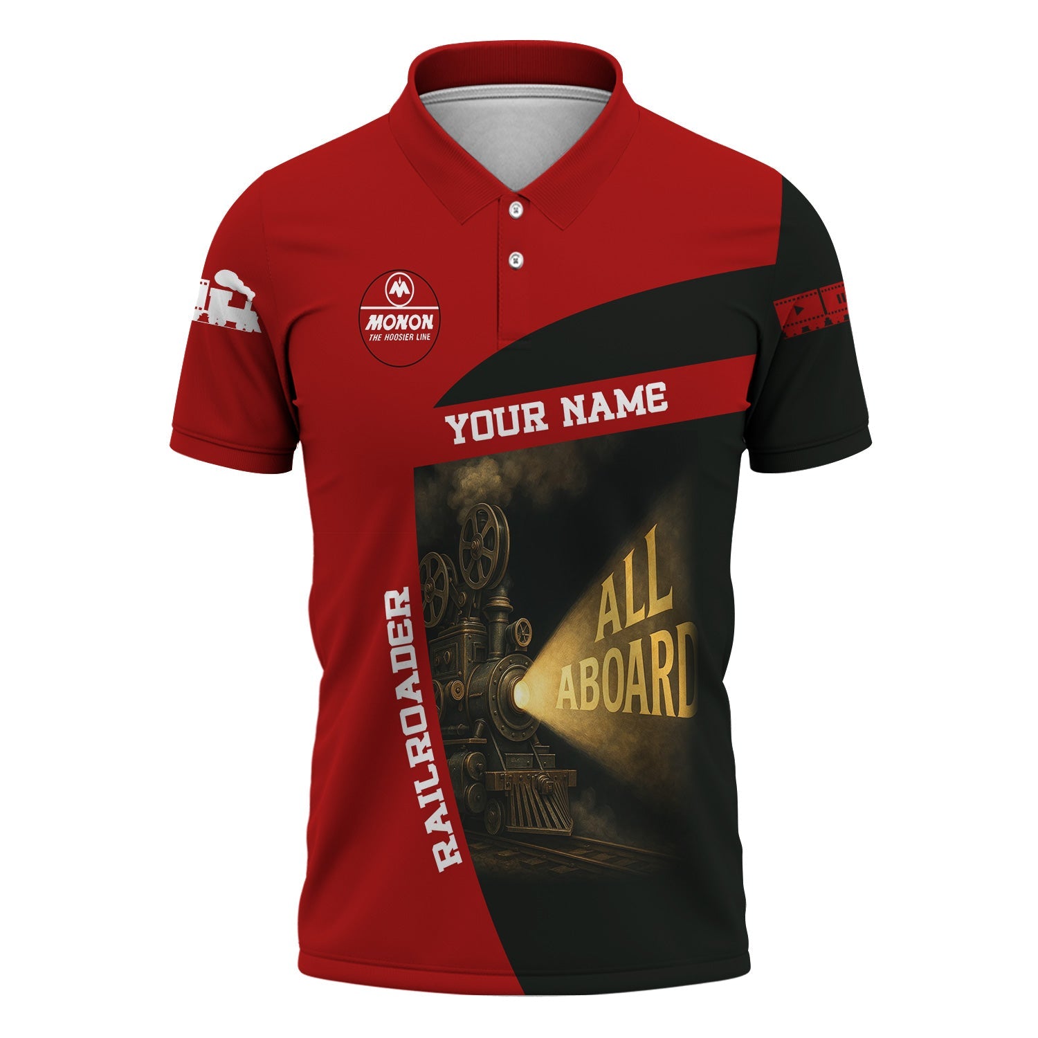 Railspirit Personalized Monon Railroad Polo Shirt All Aboard Steam Train Movie Projector Style Shirt