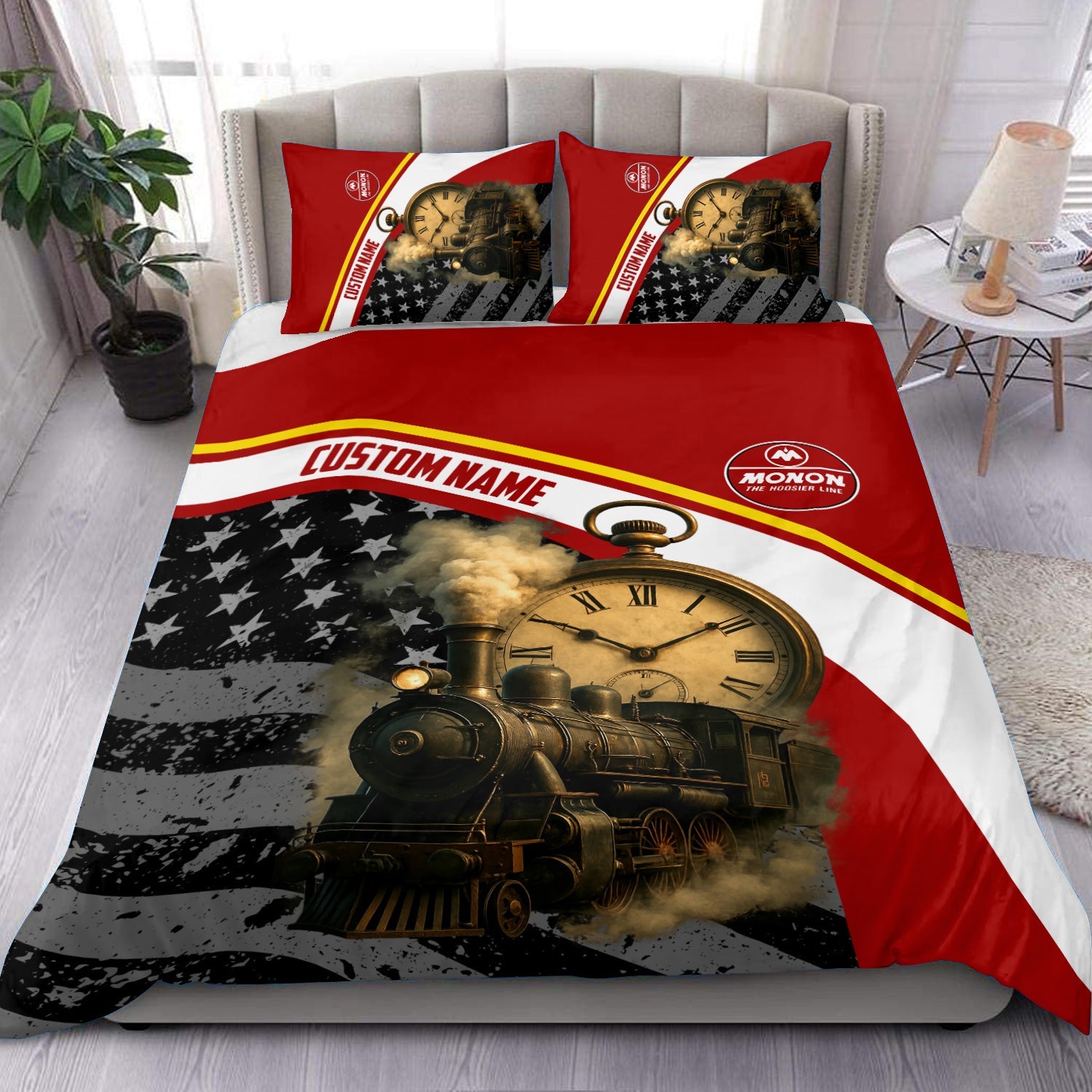 Railspirit Personalized Monon Railroad Bedding Set Classic Steam Engine With Retro Pocket Watch Bedding Set All Over Print