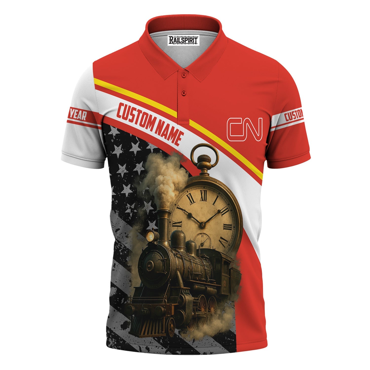 Railspirit Personalized Canadian National Railroad Polo Shirt Classic Steam Engine With Retro Pocket Watch Shirt All Over Print