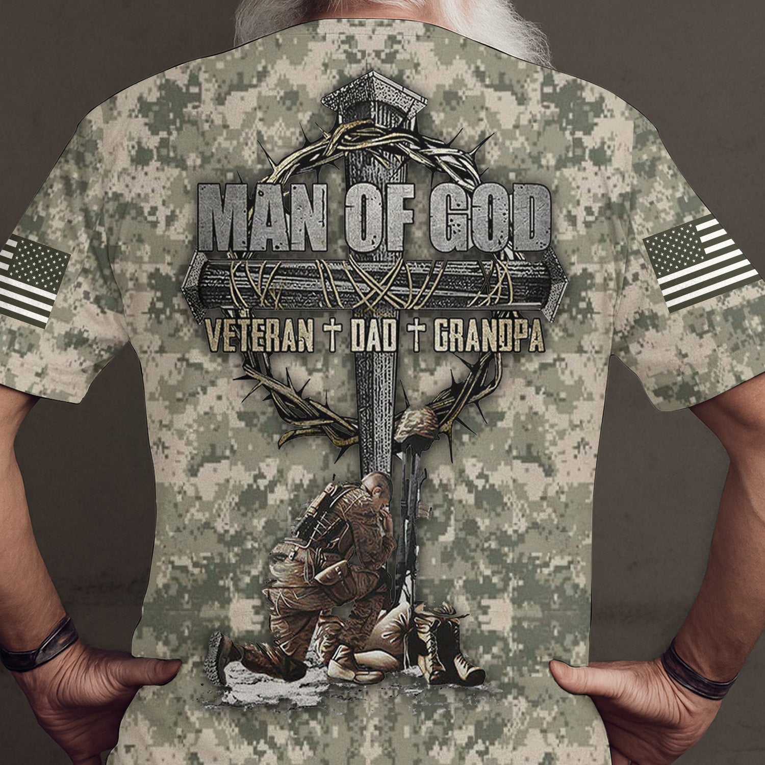 Personalized Camo Christian Military Tee, Man of God Veteran Dad Grandpa Shirt, Soldier Kneeling at Cross Patriotic Gift for Men