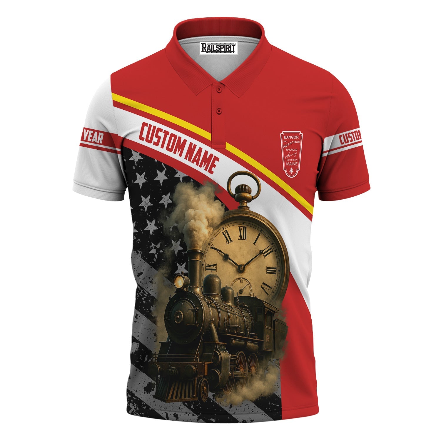 Railspirit Personalized Bangor And Aroostook Railroad Polo Shirt Classic Steam Engine With Retro Pocket Watch Shirt All Over Print