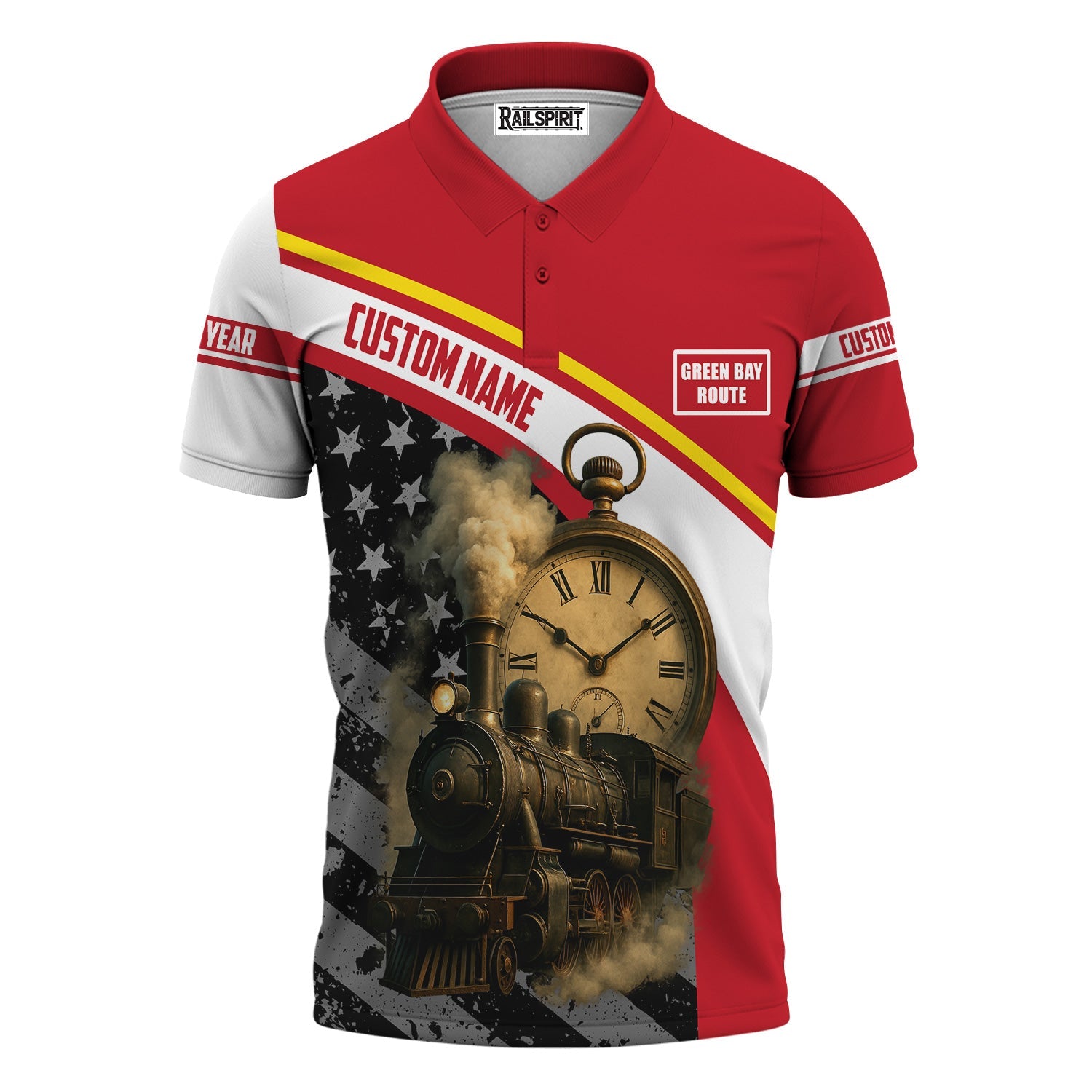 Railspirit Personalized Green Bay & Western Railroad Polo Shirt Classic Steam Engine With Retro Pocket Watch Shirt All Over Print