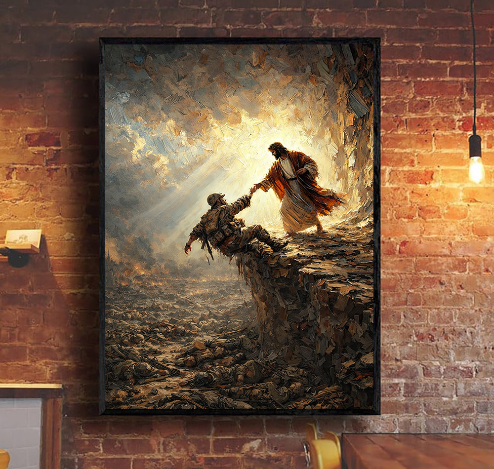 Jesus Saving a Soldier Wall Art, Christian Faith Canvas Print, Jesus Rescues Soldier from War, Religious Gift for Veterans, Home Decor
