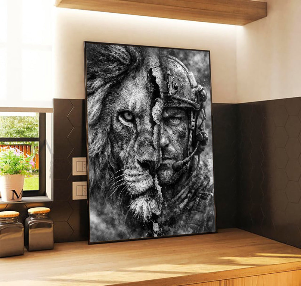 Lion and Soldier Wall Art Canvas, Warrior Spirit Poster, Military Strength Decor, Masculine Office Wall Art, Black and White Lion Artwork