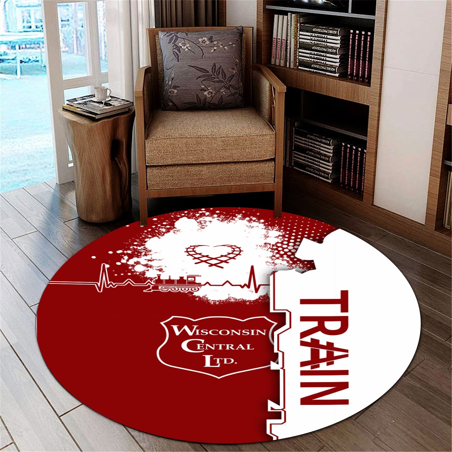 Railspirit Wisconsin Central Ltd Railroad Round Mat Engine Heartbeat and Track Love Style Mat Gift Idea For Train Lovers