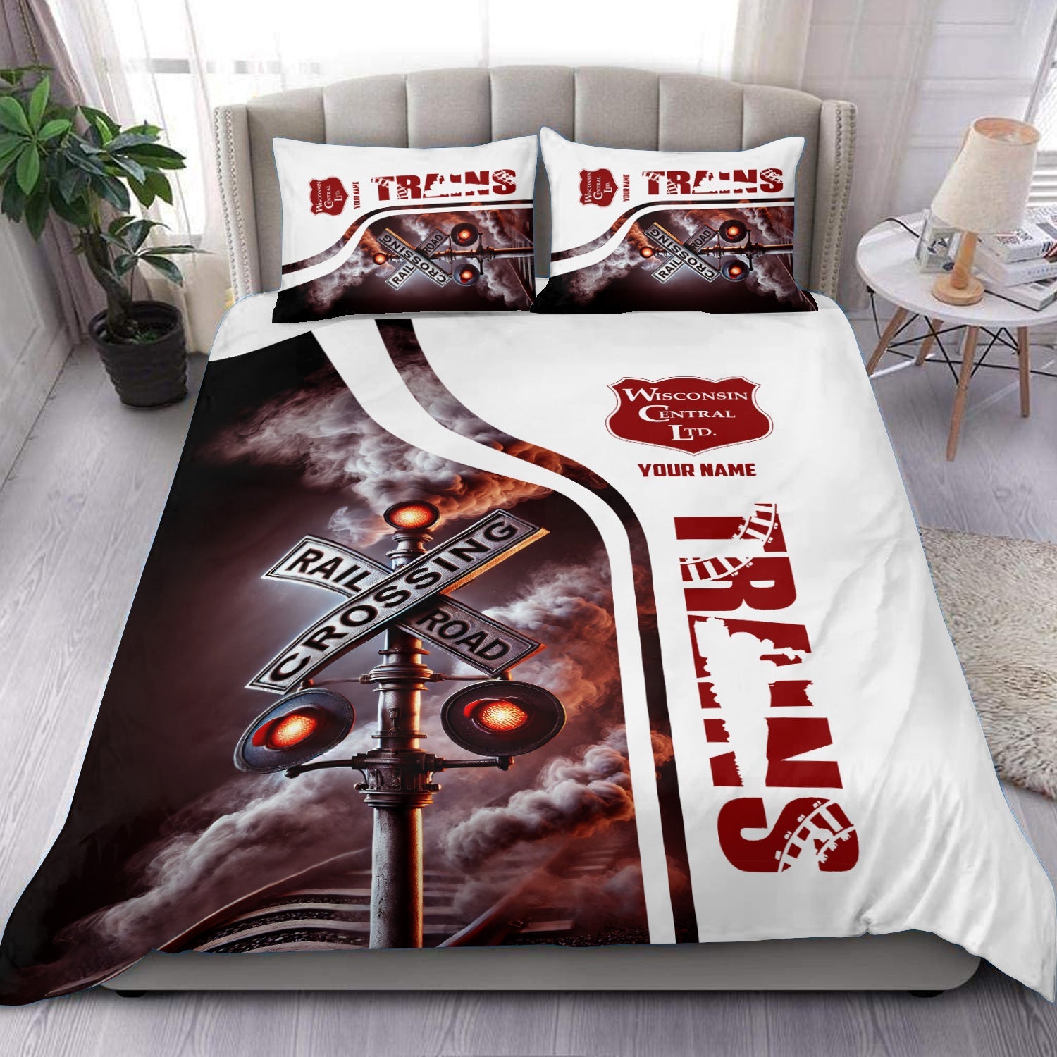 Railspirit Personalized Wisconsin Central Ltd Railroad Bedding Set Railroad Crossing Sign Bedding Set All Over Print