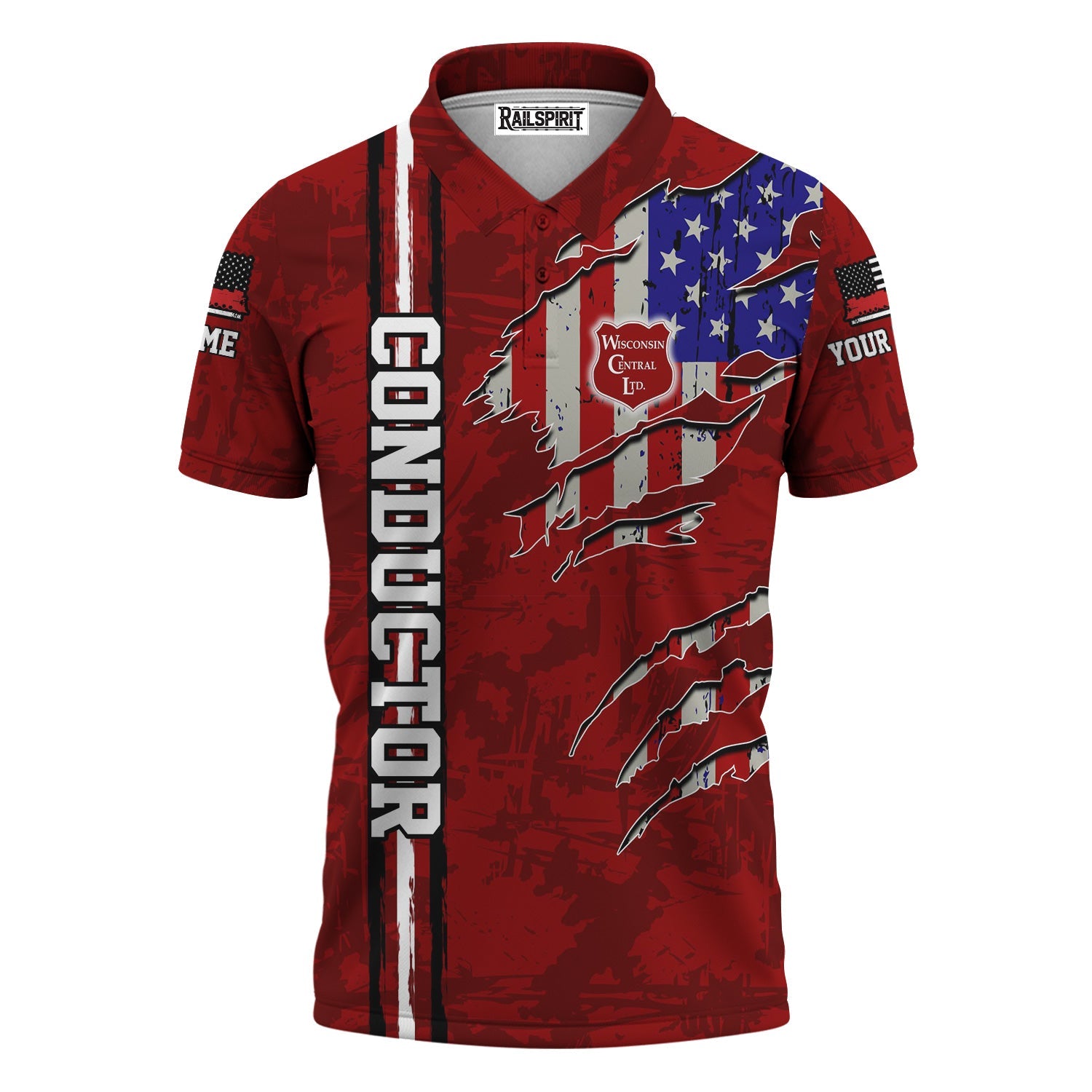 Railspirit Personalized Wisconsin Central Ltd Railroad Polo Shirt USA Flag Claw Art with Custom Job Train Shirt