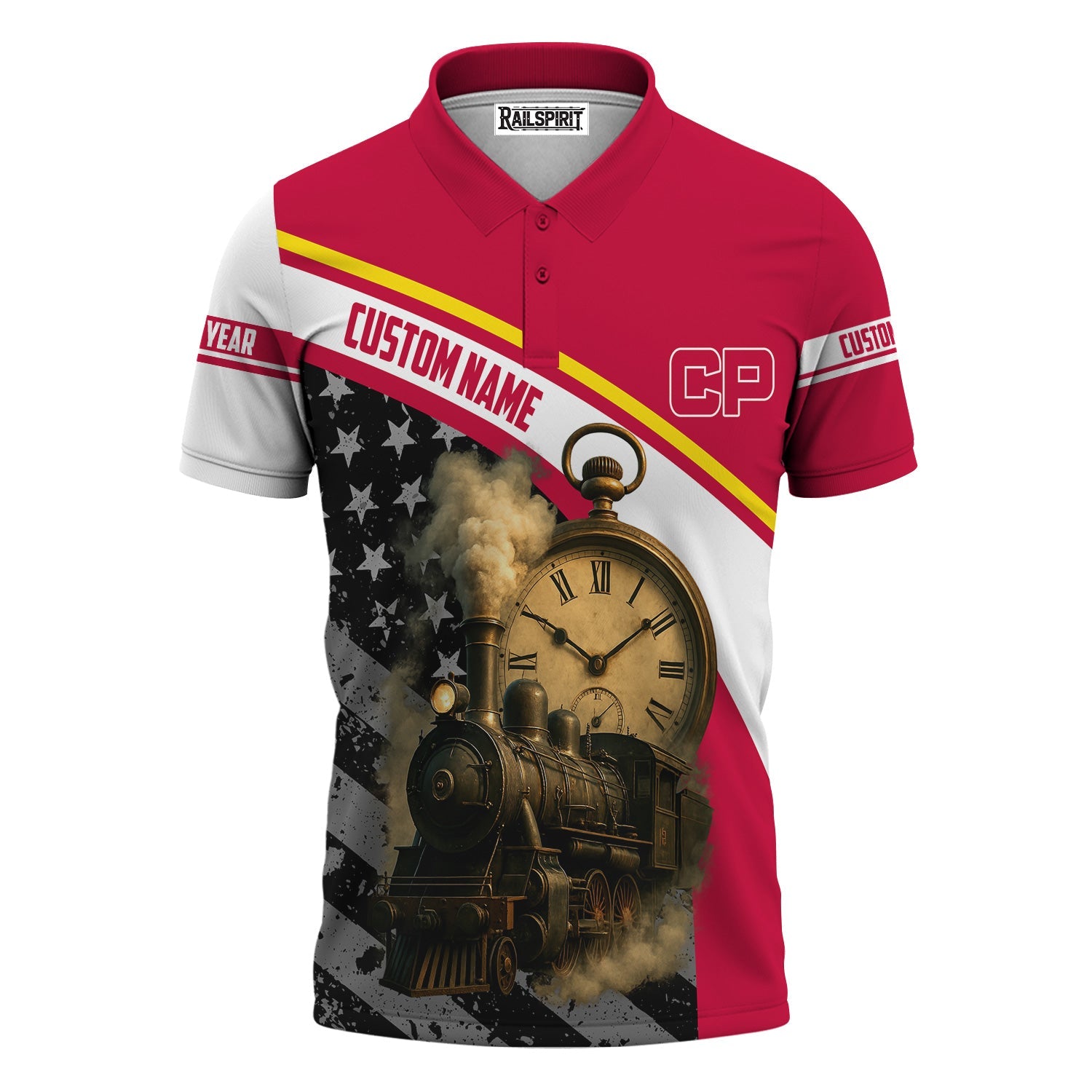 Railspirit Personalized Canadian Pacific Railroad Polo Shirt Classic Steam Engine With Retro Pocket Watch Shirt All Over Print