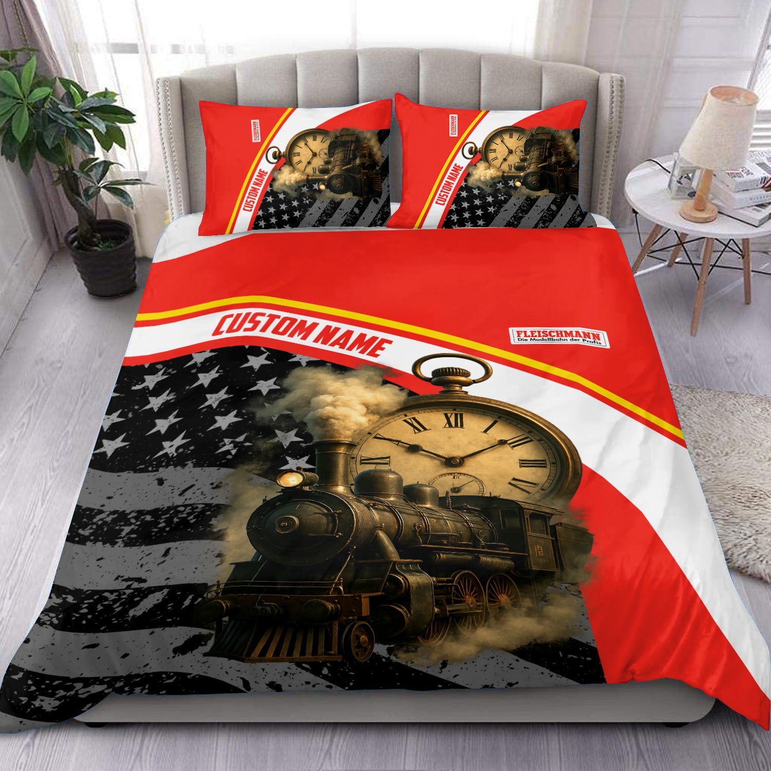 Railspirit Personalized Fleischmann And Western Railroad Bedding Set Classic Steam Engine With Retro Pocket Watch Bedding Set All Over Print
