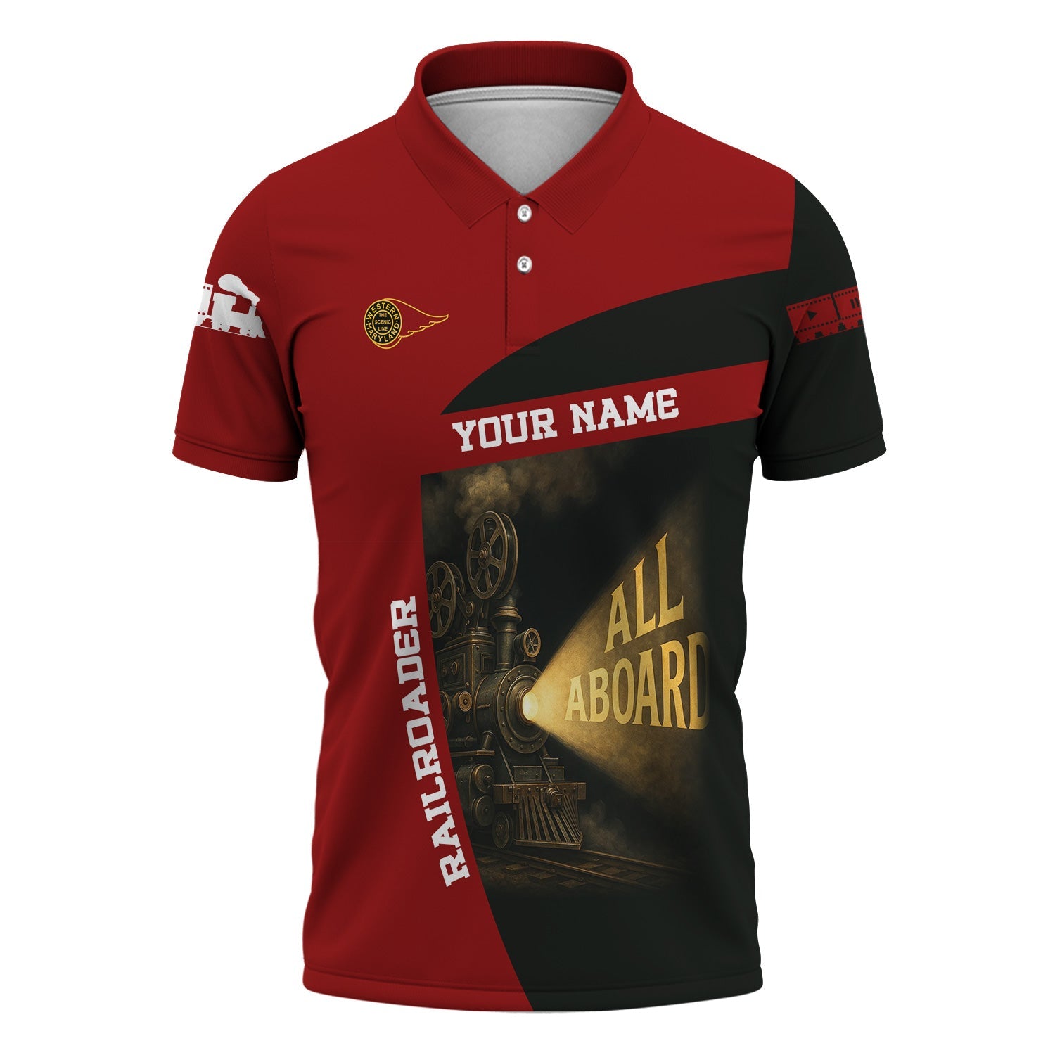 Railspirit Personalized Western Maryland Railway Polo Shirt All Aboard Steam Train Movie Projector Style Shirt