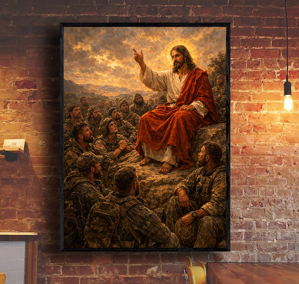 Jesus Teaching Soldiers Christian Faith Printed Canvas Wall Art Military Prayer Poster Religious Gift for Dad Father’s Day Christian Veteran Decor