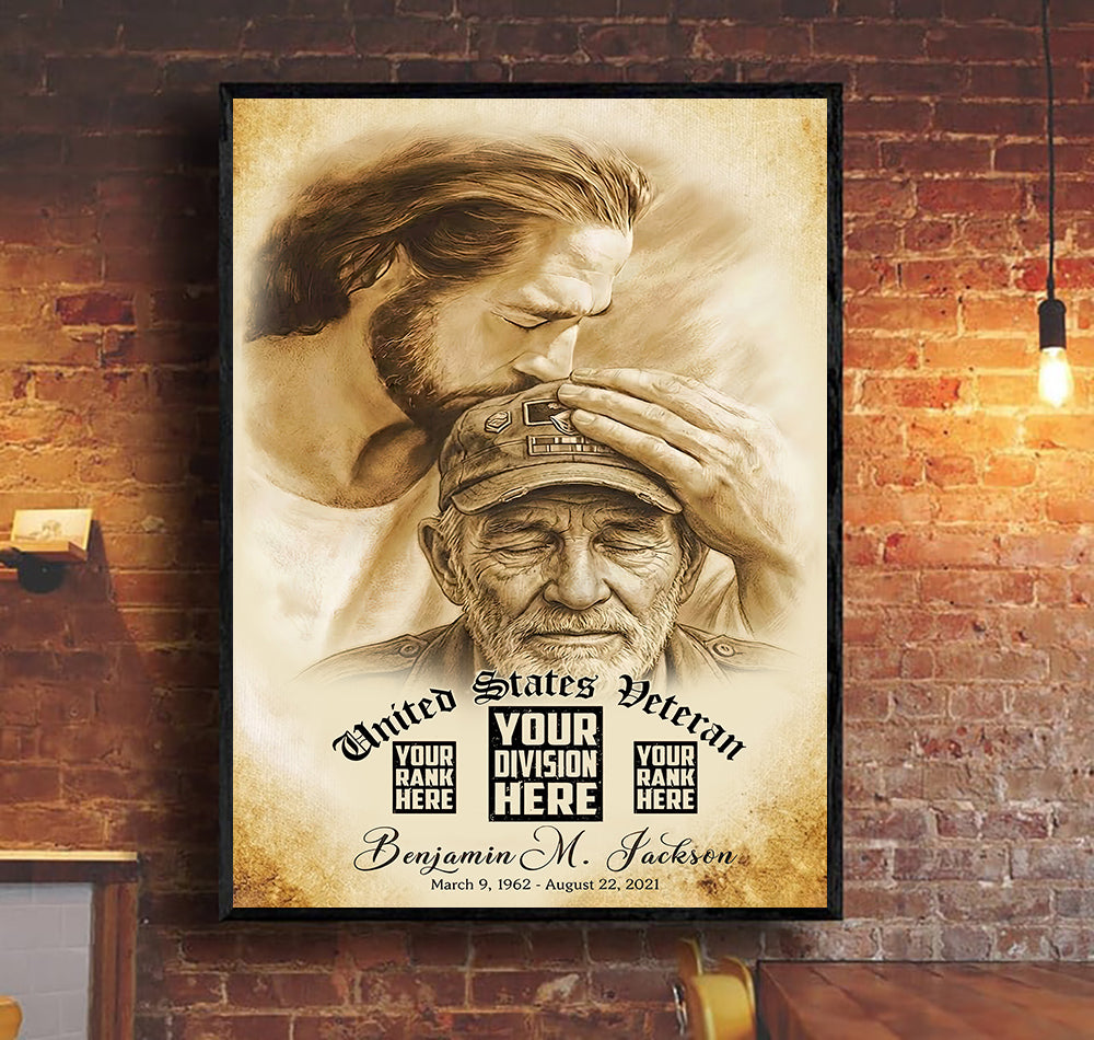 Custom Image Personalized Veteran Memorial Wall Art Canvas, Jesus Honoring Fallen Soldier, Custom Military Tribute Print, Gift for Veteran Family
