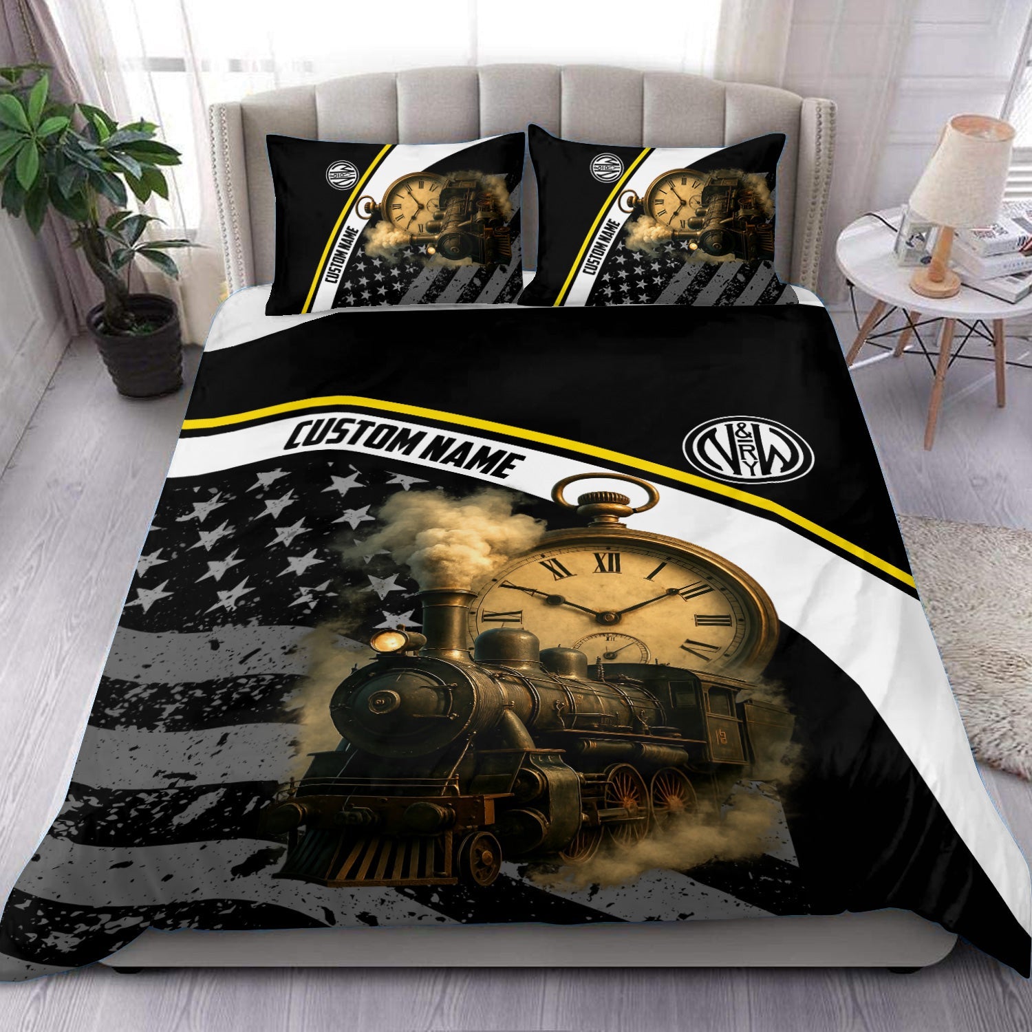 Railspirit Personalized Norfolk and Western Railway Bedding Set Classic Steam Engine With Retro Pocket Watch N&W Bedding Set All Over Print