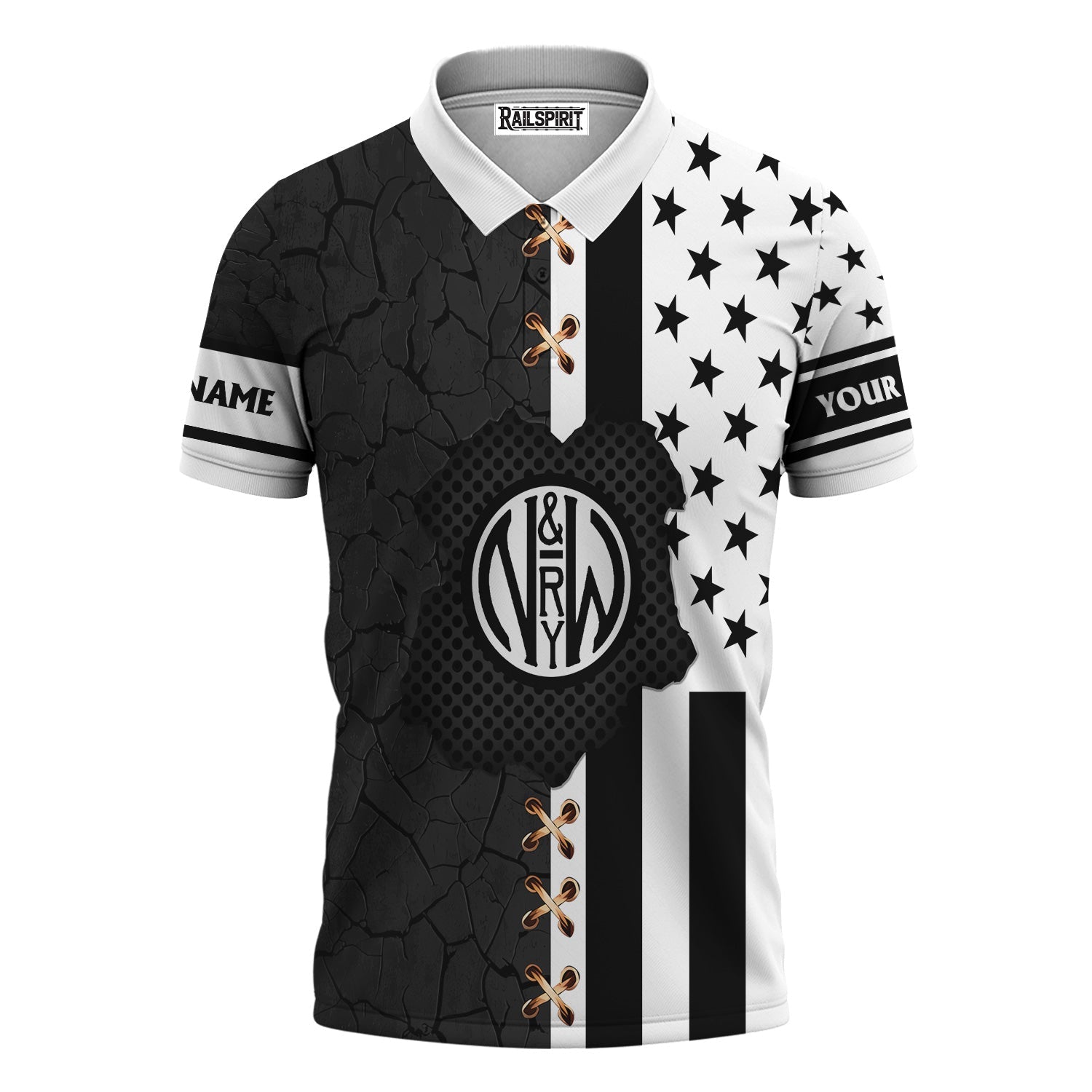 Railspirit Personalized Norfolk and Western Railway Polo Shirt American Flag with Crack Effect N&W Train Shirt