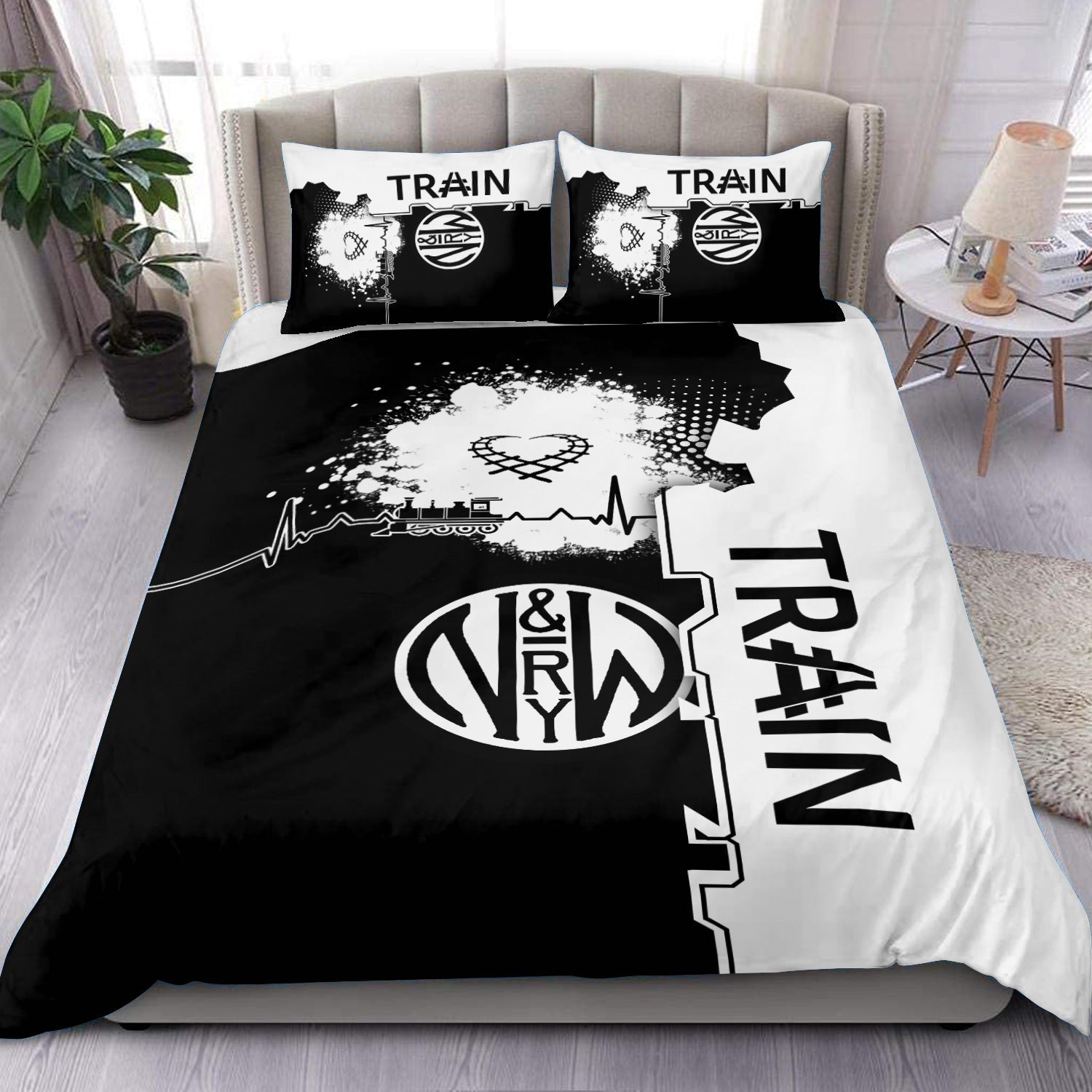 Railspirit Norfolk and Western Railway Bedding Set Engine Heartbeat and Track Love Style N&W Bedding Set Gift Idea For Train Lovers