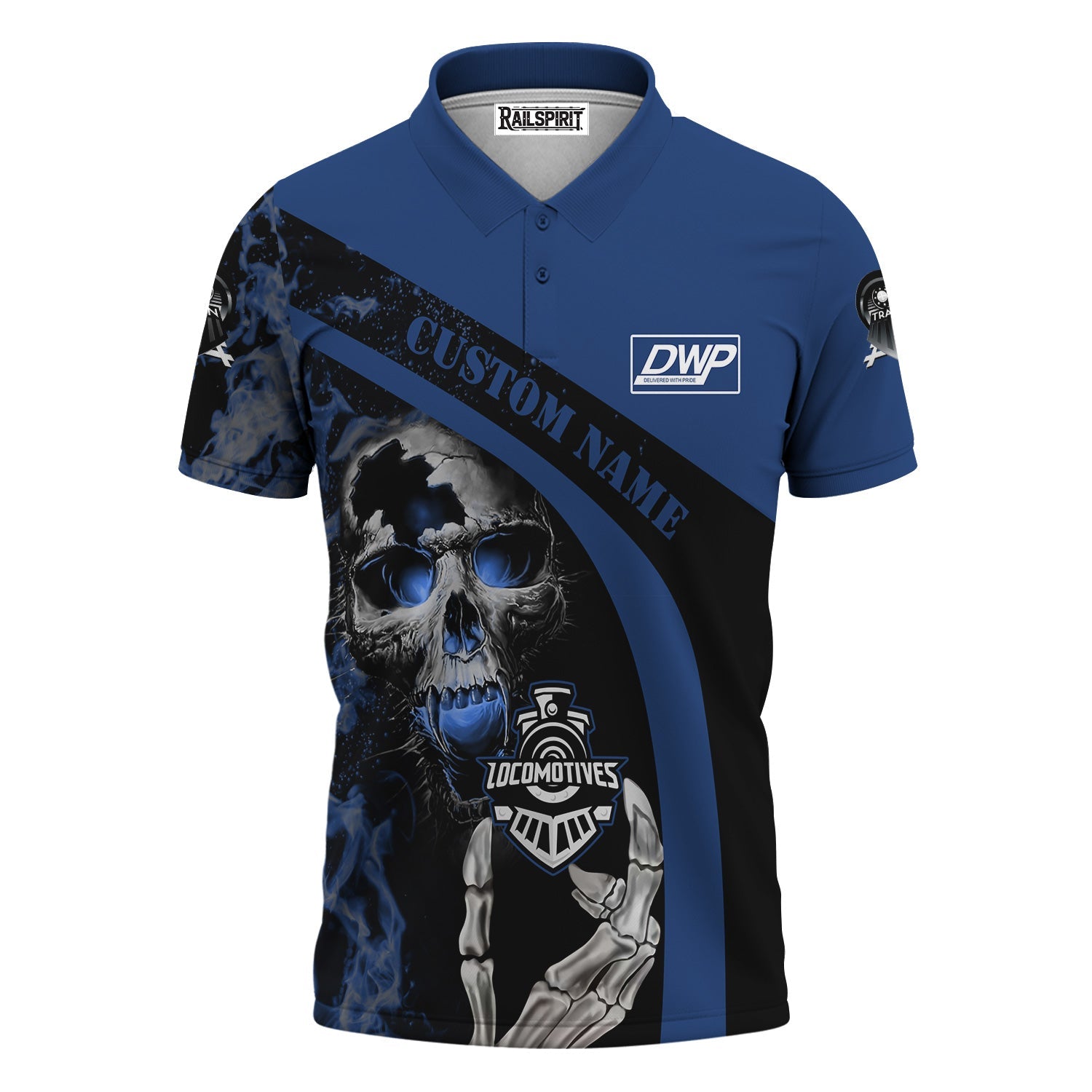 Railspirit Personalized Duluth, Winnipeg and Pacific Railway Polo Shirt Flame Skull Design Train Shirt for Locomotive Fans