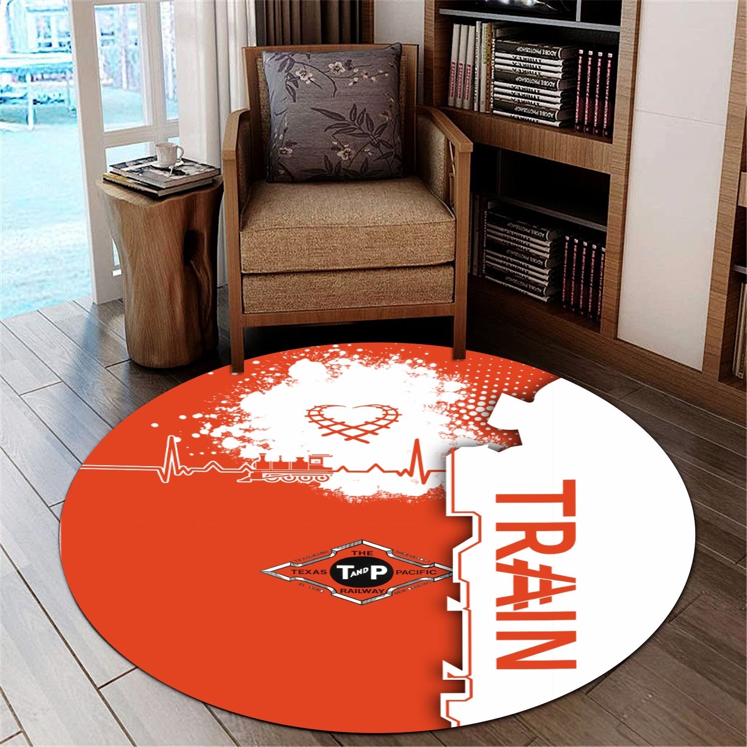 Railspirit Texas and Pacific Railway Round Mat Engine Heartbeat and Track Love Style Mat Gift Idea For Train Lovers