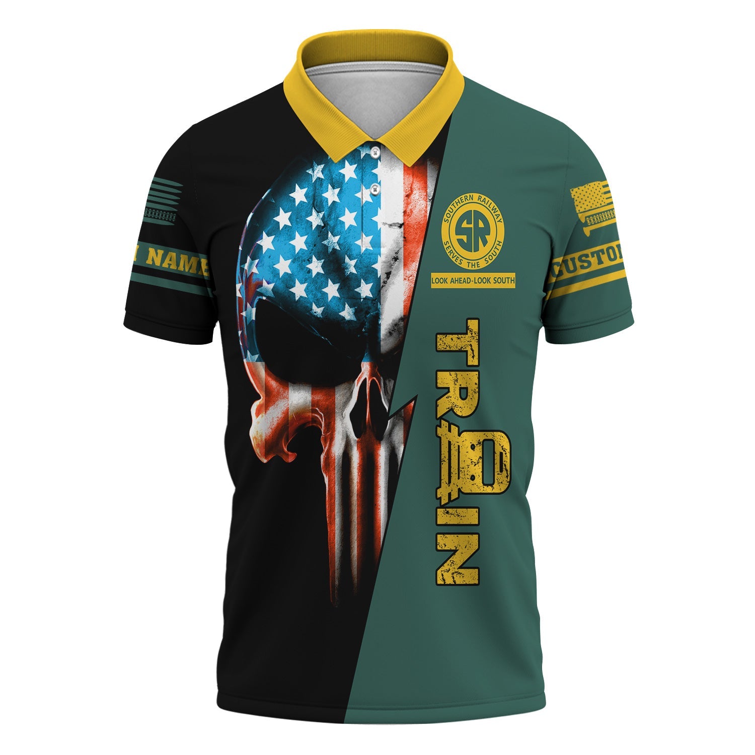 Railspirit Personalized Southern Railway U.S Polo Shirt Train Skull American Flag SOU Shirt All Over Print