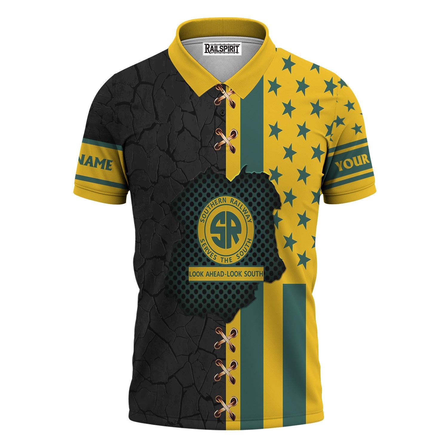 Railspirit Personalized Southern Railway U.S Polo Shirt American Flag with Crack Effect SOU Train Shirt