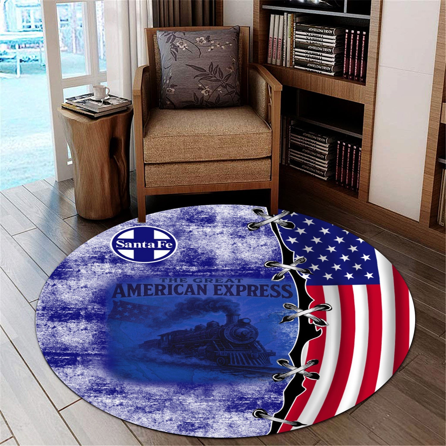 Railspirit Santa Fe Railway Round Mat Retro American Express Train With USA Flag Atchison, Topeka and Santa Fe Railway Round Mat