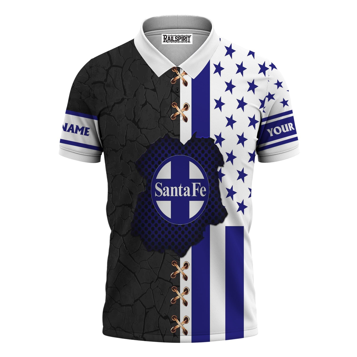 Railspirit Personalized Santa Fe ATSF Railway Polo Shirt American Flag with Crack Effect Atchison, Topeka and Santa Fe Train Shirt